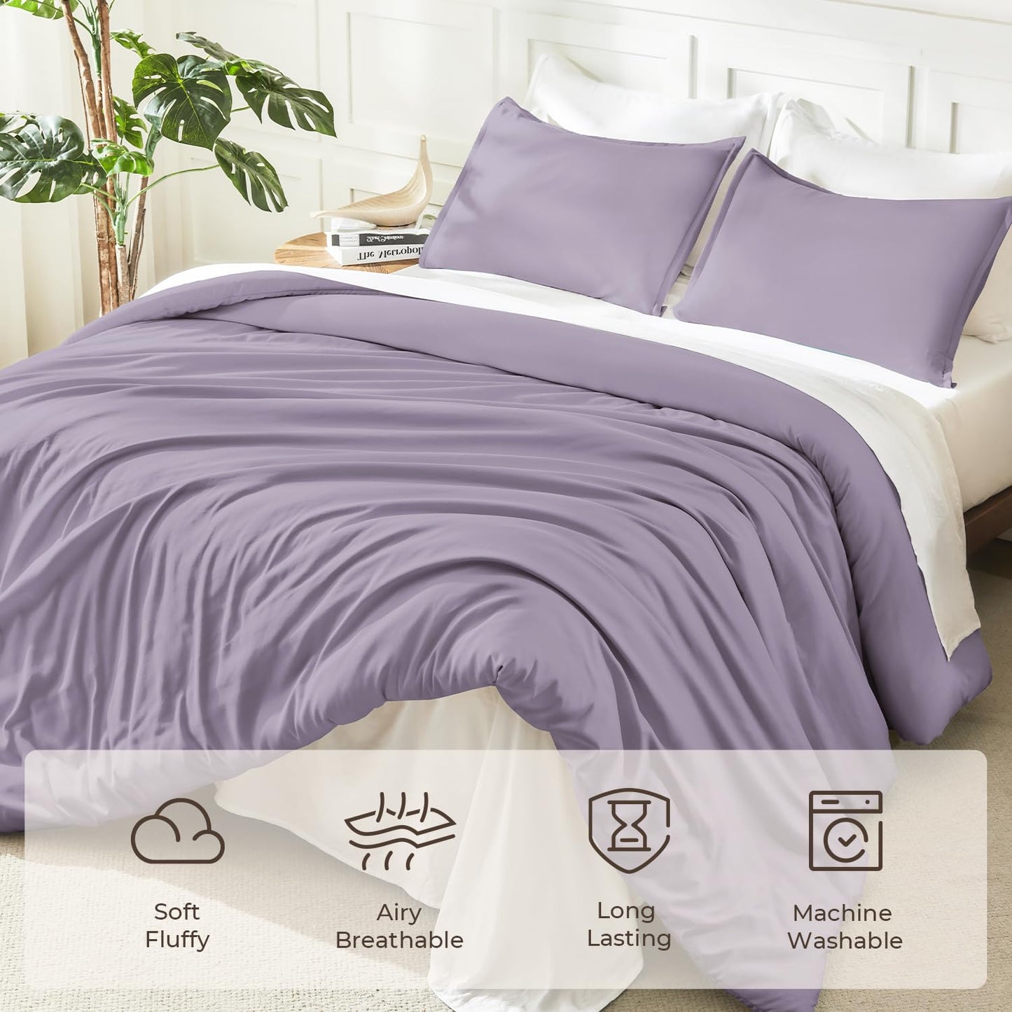 Litanika Grayish Lavender Purple Comforter Set King Size, 3 Pieces Lightweight Solid Bedding Comforter Set, All Season Fluffy Bed Set (104x90In Comforter & 2 Pillowcases)