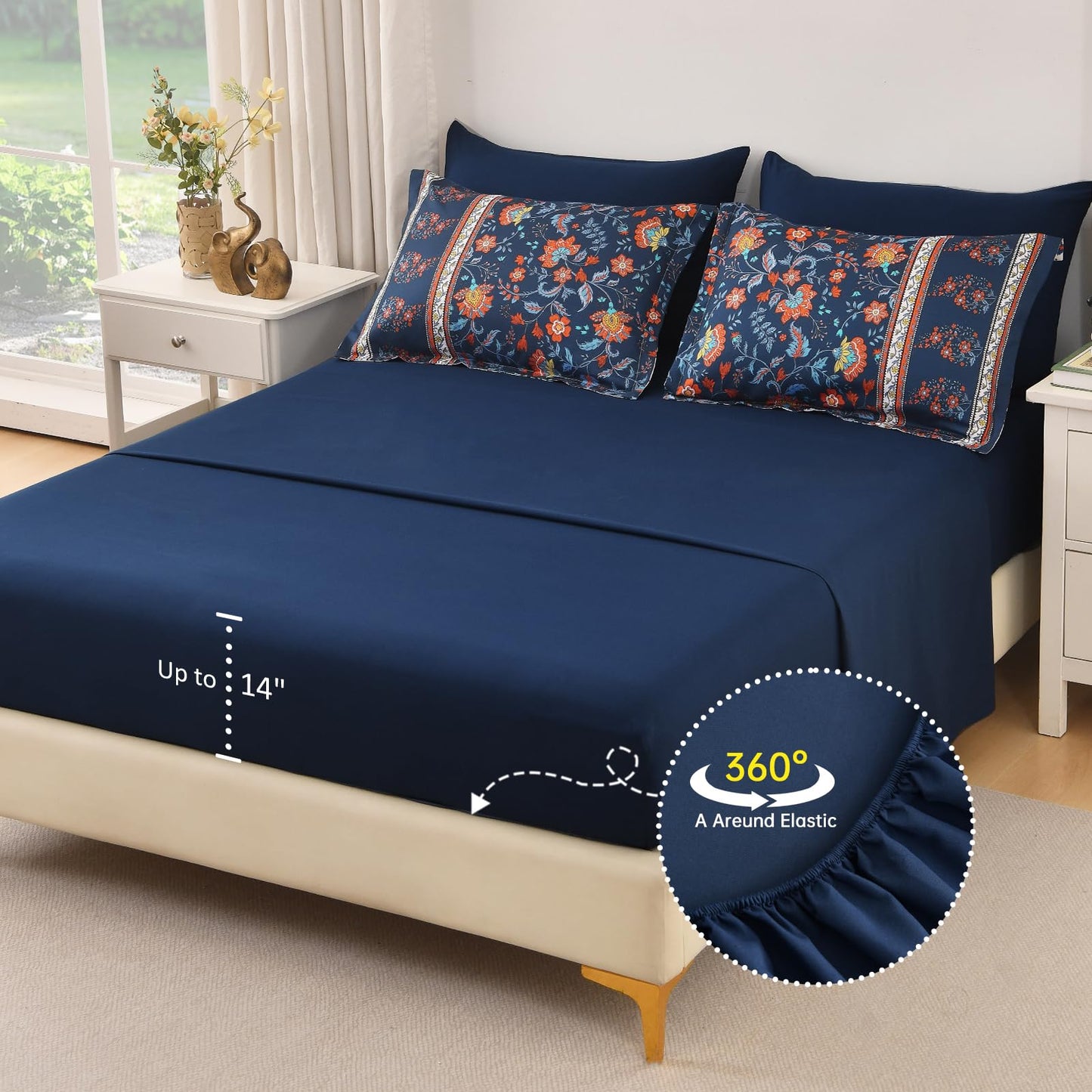Dinjoy Boho Comforter Set Queen,Navy Bedding Paisley Floral 7 Piece Bed in a Bag Reversible Lightweight Bohemain Comforters with Sheet Sets for All Season