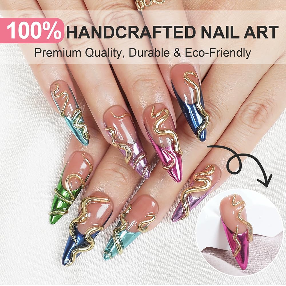 Long Stiletto Press on Nails Handmade False Nails French Tip Fake Nails with 3D Flower Designs Sparkly Red luxury Artificial Nails for Women 10pcs (Size M）
