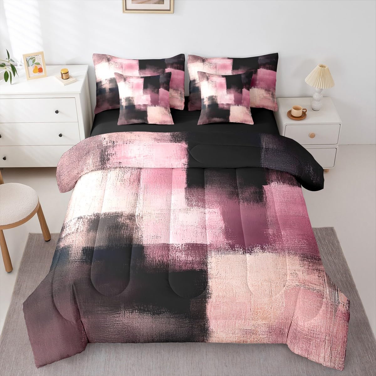 Feelyou Abstract Comforter Set with Sheets 7 Piece King Size Modern Abstract Art Bedding Set for Kids Boys Girls Luxury Bed in a Bag Geometric Room Decor Pink Soft Lightweight Microfiber