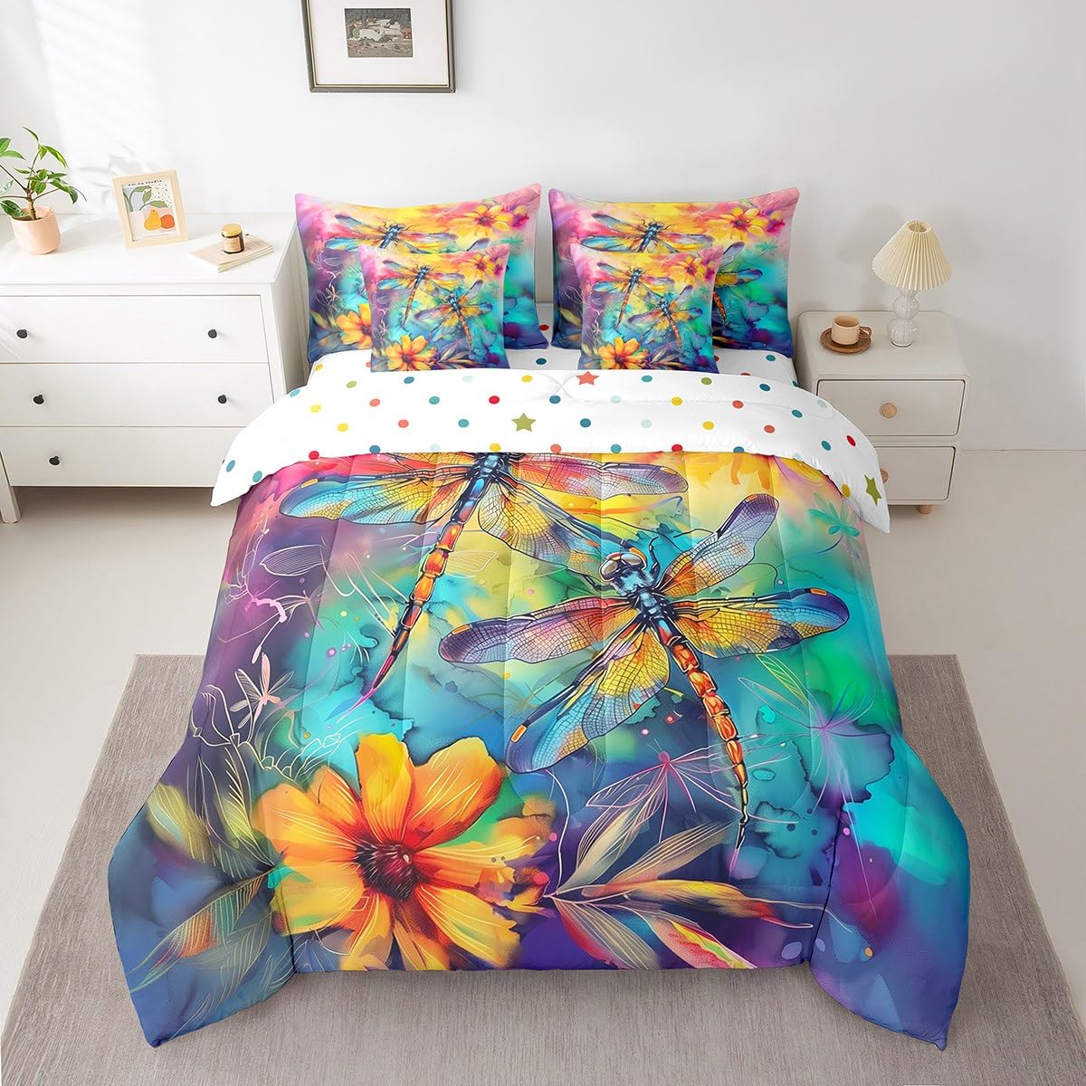 Erosebridal Tie Dye Drangonfly Bedding Set 7Pcs,Oil Painting Petal Floral Comforter Set Queen,Rustic Farmhouse Style Quilt,Aesthetic Watercolor Bed in a Bag