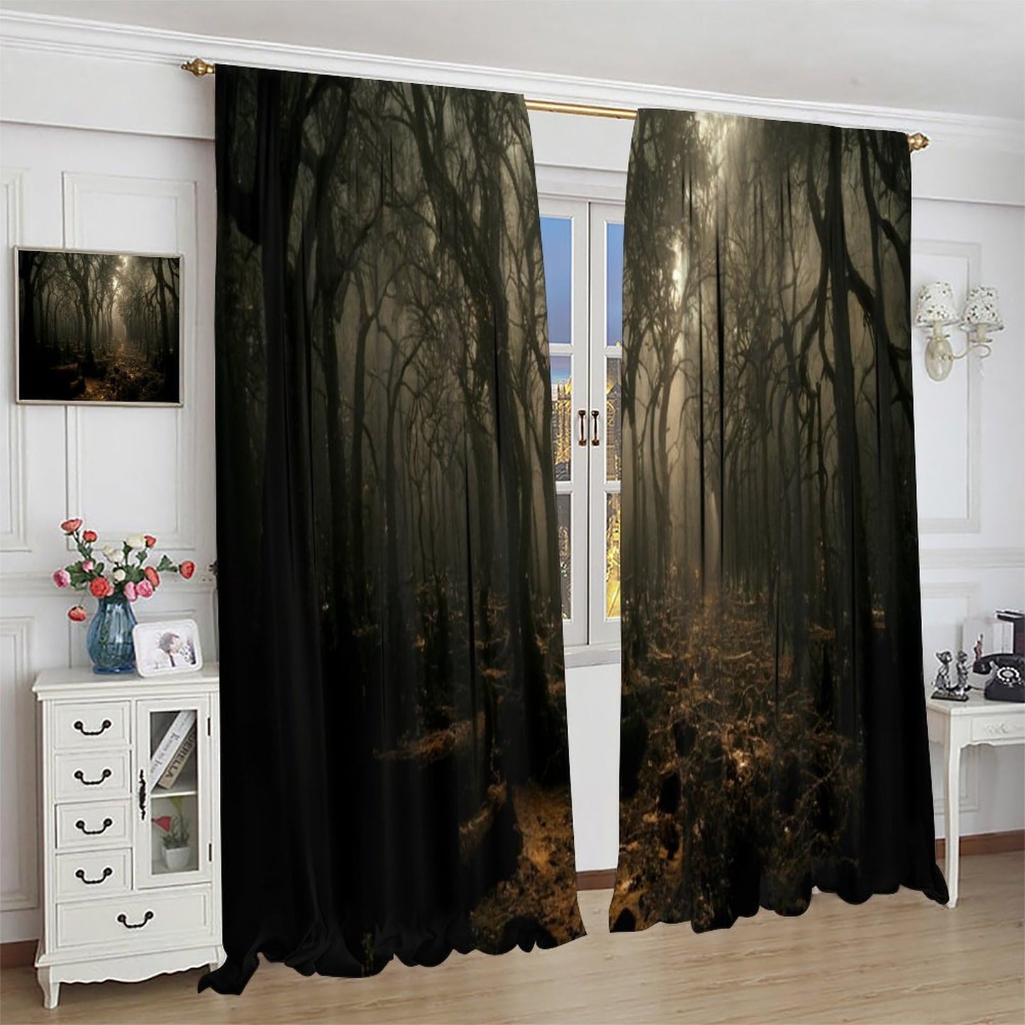 SHElifestyle Gothic Curtains - Mysterious Foggy Horror Dark Wood Halloween Forest Fireflies Window Drapes for Bedroom and Living Room, W42 x L45