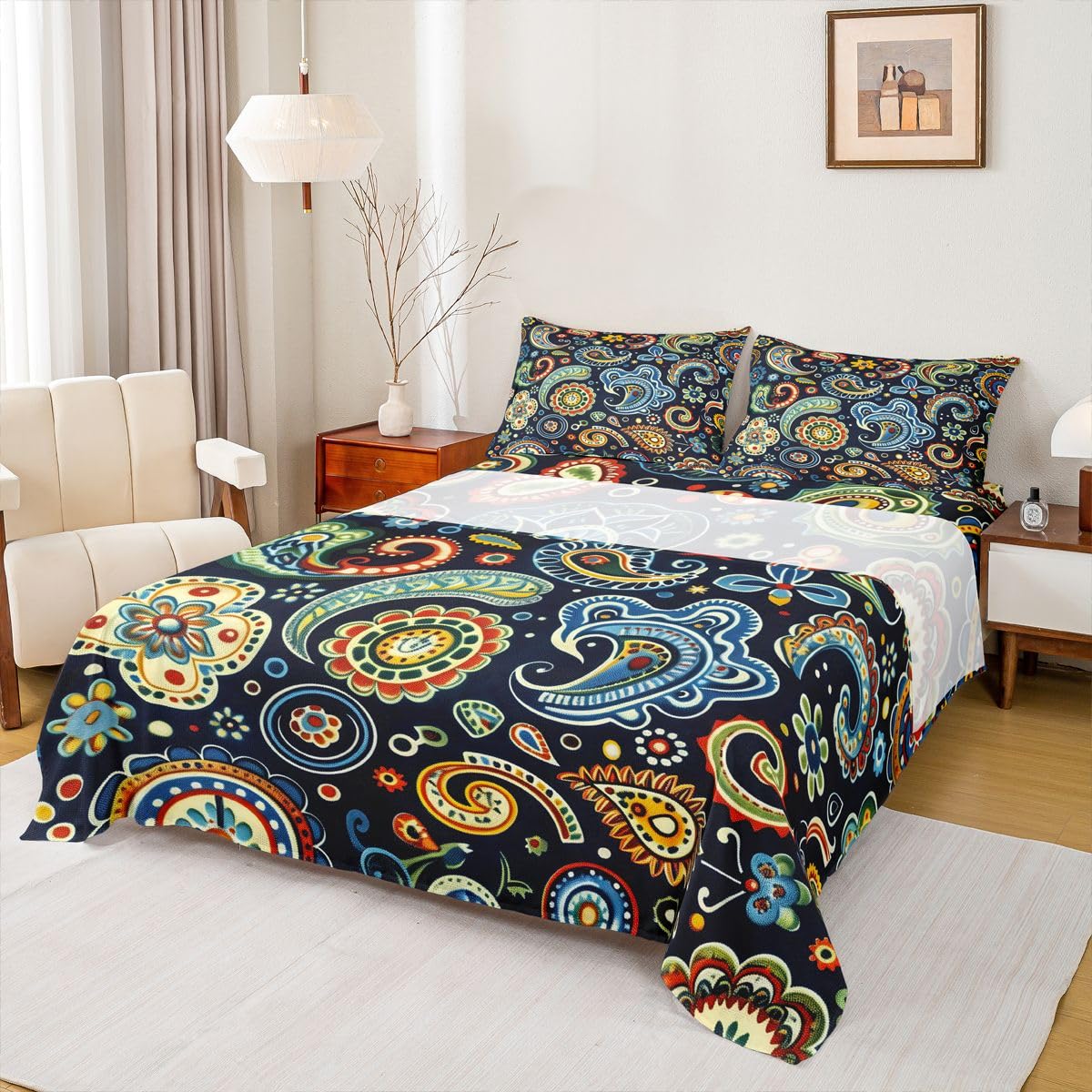 Feelyou Flower Bed Sheets Sets Queen Size Kids Boys Girls Paisley Bedding Set Boho Paisley Blue Print Bed Sheet Set with 16-Inch Deep Pockets Bohemian Exotic Style 4Pcs with 2 Pillow Cases