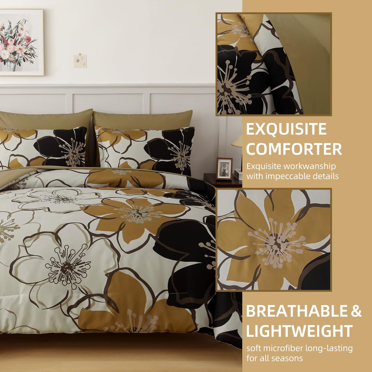 Anibedding 7 Pieces Floral Comforter Set Queen Size, Brown Black Flower Bedding Set Botanical Bed in a Bag Soft Microfiber Comforter Set with Sheets for All Season