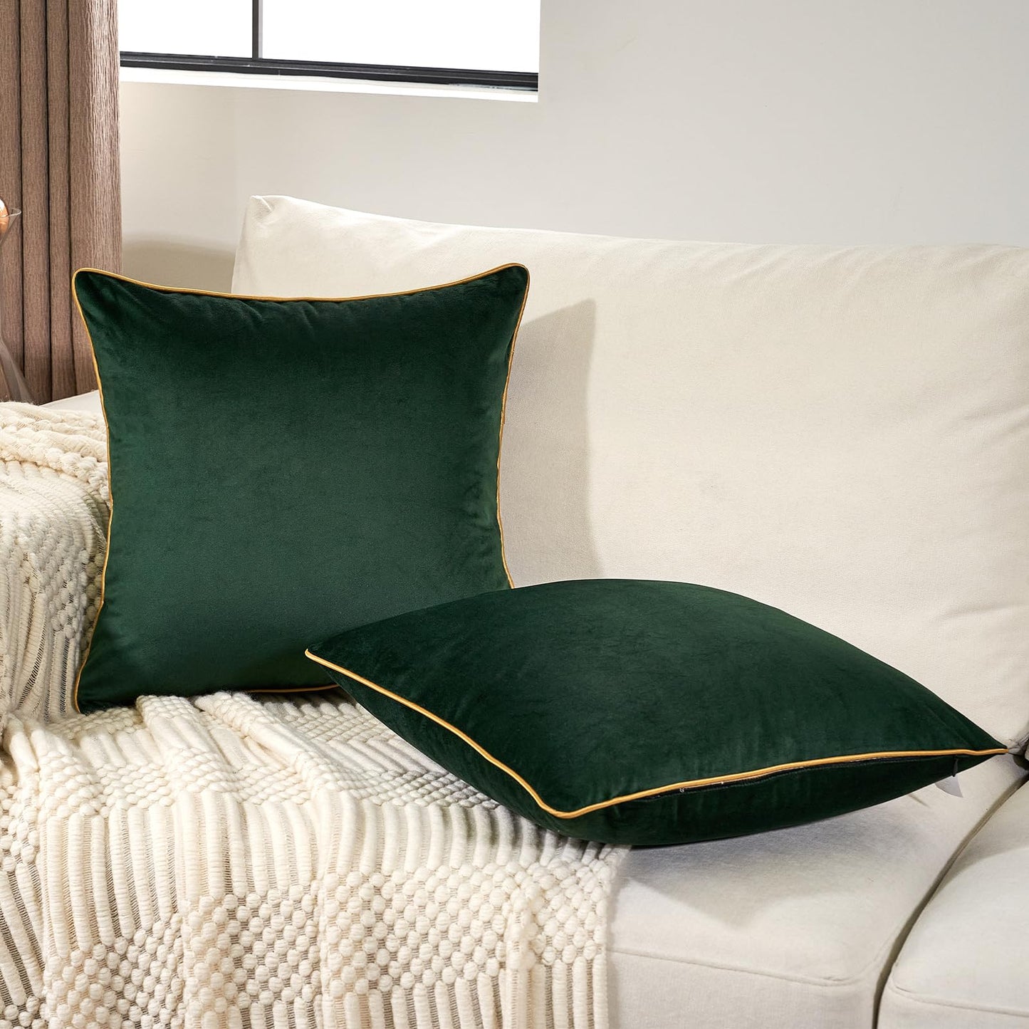 Aeckself Pack of 2 Green Velvet Pillow Covers 24 x 24 Inch, Large Modern Luxury Decorative Pillowcase with Gold Trim Edge, Comfortable Soft Solid Cushion Case for Couch Bedroom Living Room