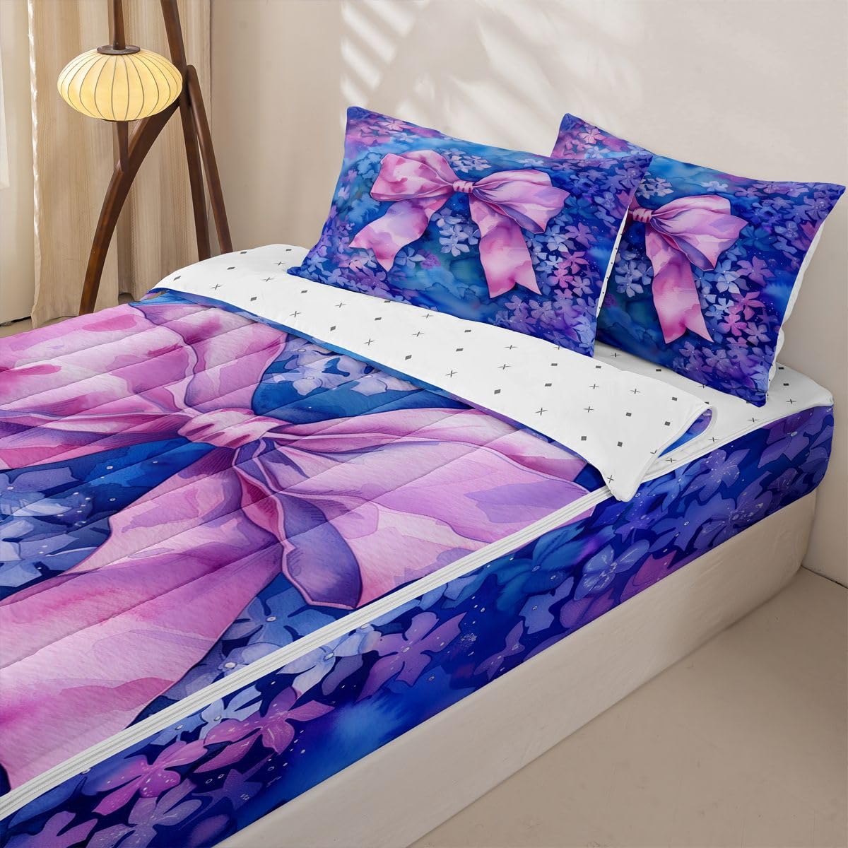 Feelyou Blue Flower Zipper Bedding Purple Bow Comforter Set for Kids Boys Girls Queen Size Cute Ribbon Zippered Kids Bedding Set Ultra Soft Dreamy Princess Style Bed in a Bag