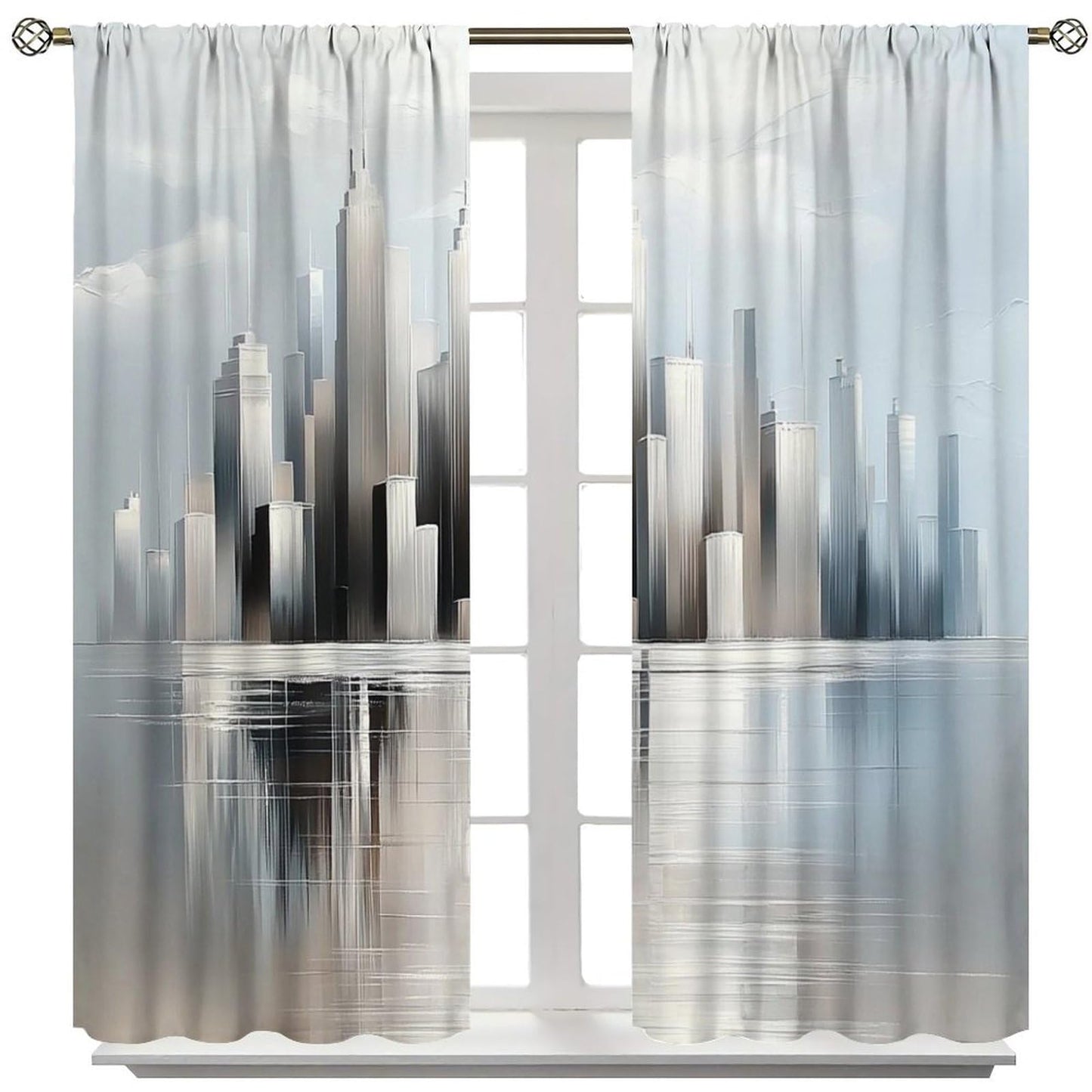 WDHTEXT Art Deco Painting Blackout Window Curtain Panels, Cityscape Abstract Rod Pocket Window Drapes for Living Room Bedroom, 2 Panels, Each 21W x 45L