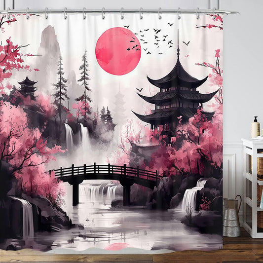 GOAOK Japanese Anime Shower Curtain, Cool Watercolor Japan Cherry Blossom Floral Mountain Sun Asian Oriental Abstract Ink Art Shower Curtain Black and Pink Bathroom Decorative with 12 Hooks, 72"×72"