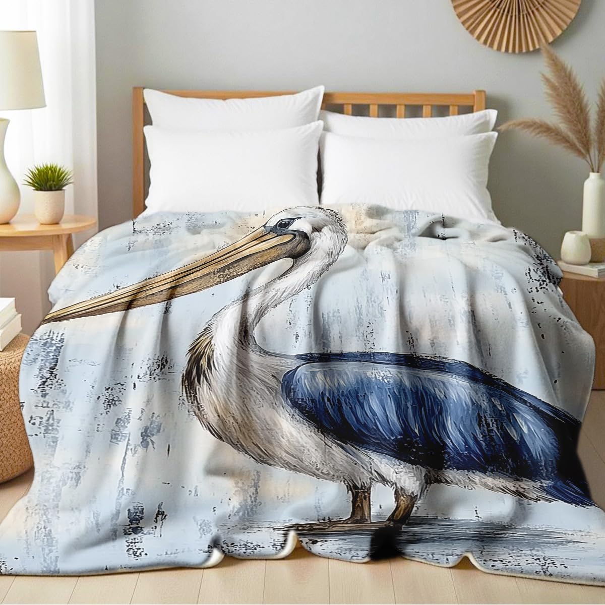 HUNXIAOJ Pelican Throw Blanket for Couch Bed Coastal Bird Print Flannel Blanket Soft Warm Beach Themed Animal Throw for Bedroom Home Decor Pelican Gifts (49"x59")