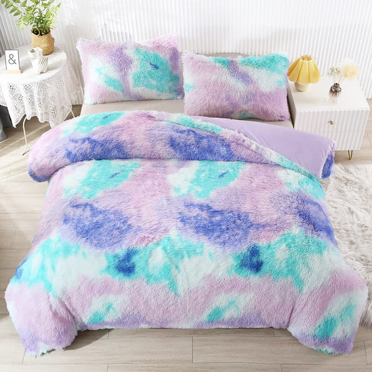 WINLIFE Faux Fur Comforter Set Queen Size for Girls Tie Dye Plush Shaggy Winter Long Hair Fuzzy Fluffy Bedding Soft Warm Bed Sets (3Pcs, Queen, Teal Purple)