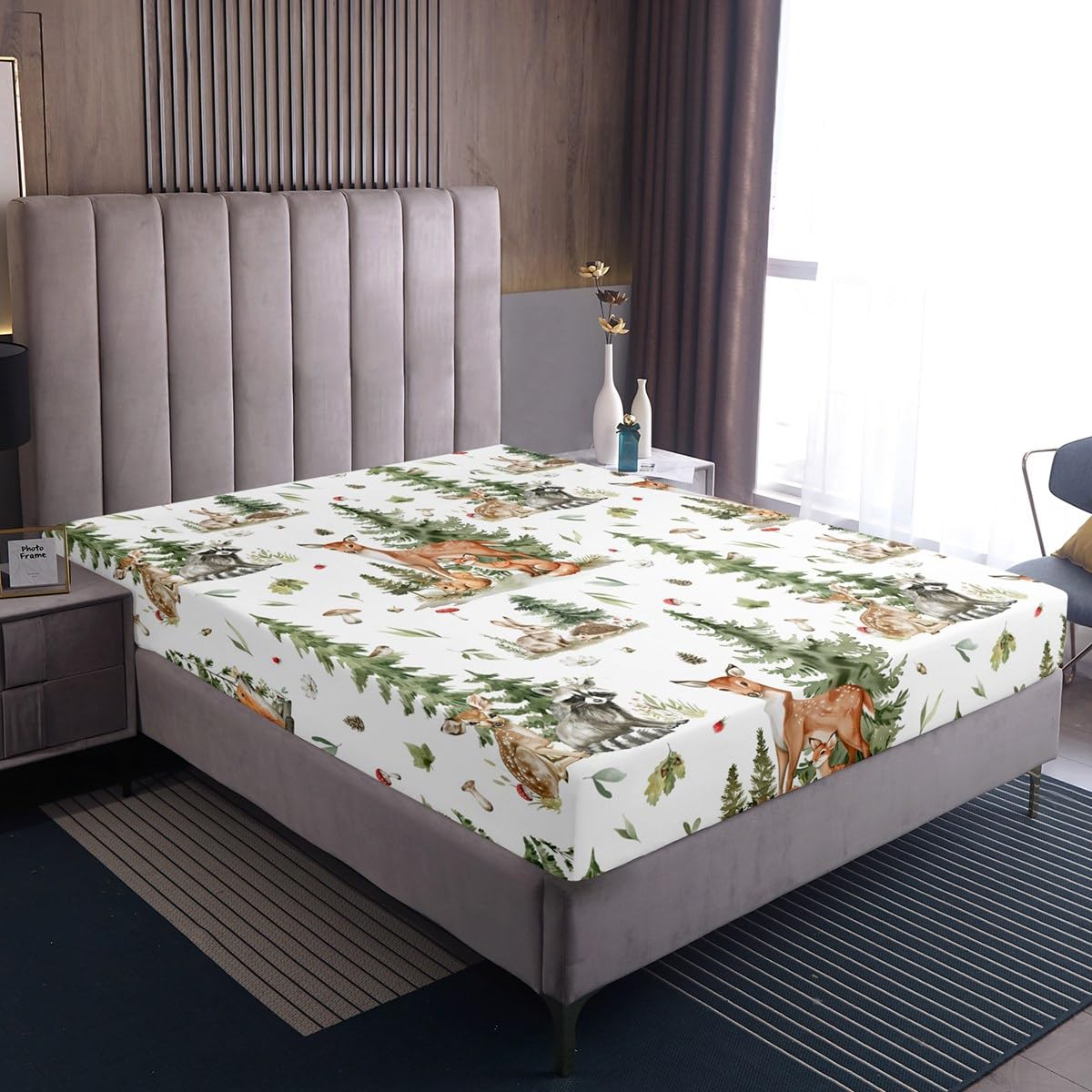 Cute Deer Fox Kids Fitted Sheet Queen Size,Mushroom Pine Trees Rustic Farmhouse Bedding Set,Boys Girls Adults Room Decor,Cartoon Rabbits Hedgehogs Bed Cover,Bright Bed Sheet,2 Pillowcases