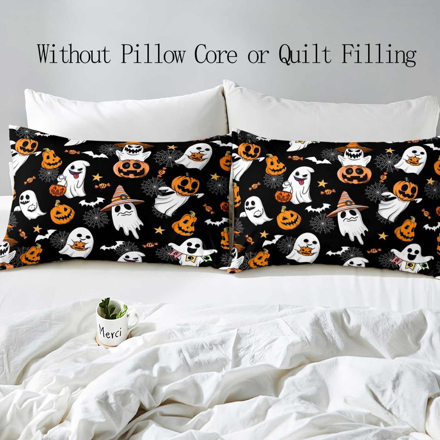 LUVIVIHOME 3PCS Funny Ghost Duvet Cover Queen Bedding Sets, Black Duvet Cover, Teens Boys Girls Kids Bedding, Spooky Witchy Horror Pumpkin Bat Cobweb Festival Halloween Comforter Cover, 2 Pillow Cases