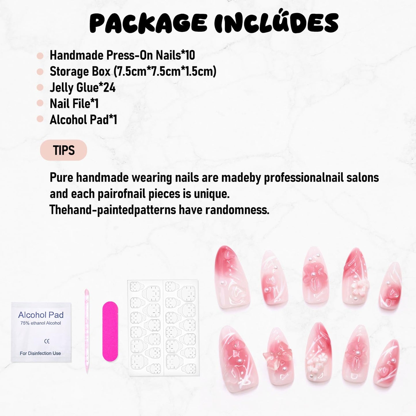 Pink Gradient Press on Nails Handmade Press on Nails Medium Almond Fake Nails Muti-Layer Gel Acrylic Nails with Flower Pearl Bow Embossed Design Thick False Nail Glue on Nail for Women (Size M)