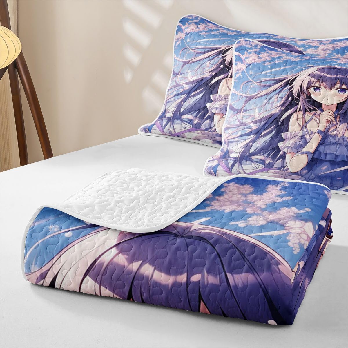 Erosebridal Japanese Girl Quilts Twin Size - Anime Gift Bedspread Coverlet Set, Cherry Blossoms Quilt Coverlets 2Pcs (Only 1 Pillowcase)
