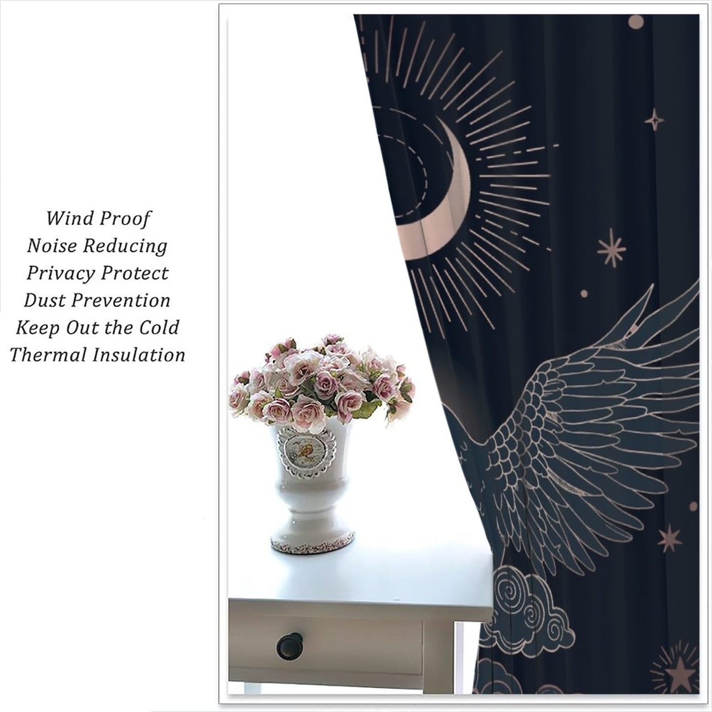 DDCBNS Boho Crow Curtains,Bohemian Style Black Birds Raven Moon Star Print Window Treatments for Bedroom Living Room Kitchen Window Drapes 2 Panel Set,Total Size 42 x 45 Inch
