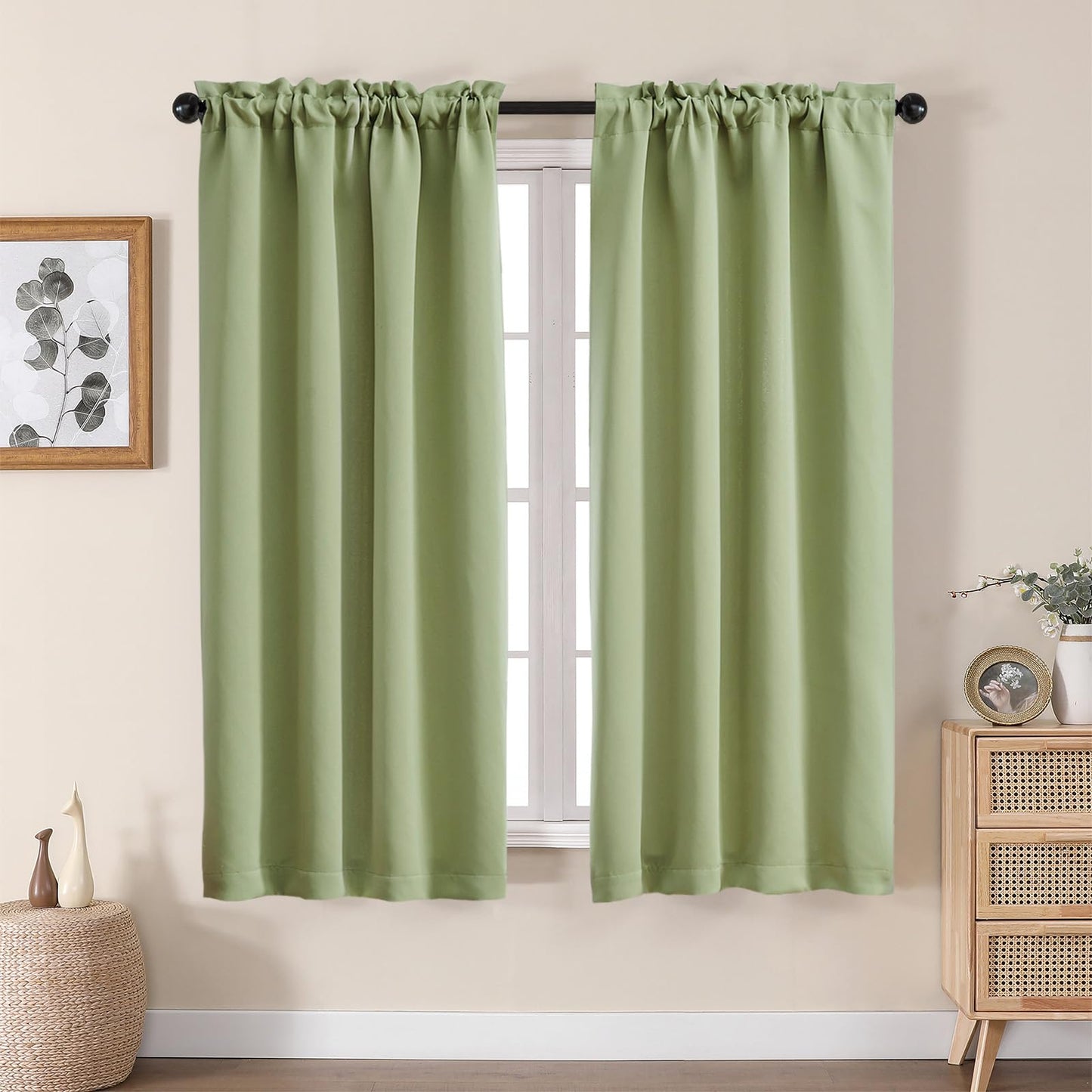 Aiyufeng Sage Green Blackout Curtains for Bedroom 63 Inch Length 2 Panels Set, Solid Thermal Insulated Energy Saving Rod Pocket Window Treatment Curtains Blackout Drapes, W40 x L63 Inch, Sage