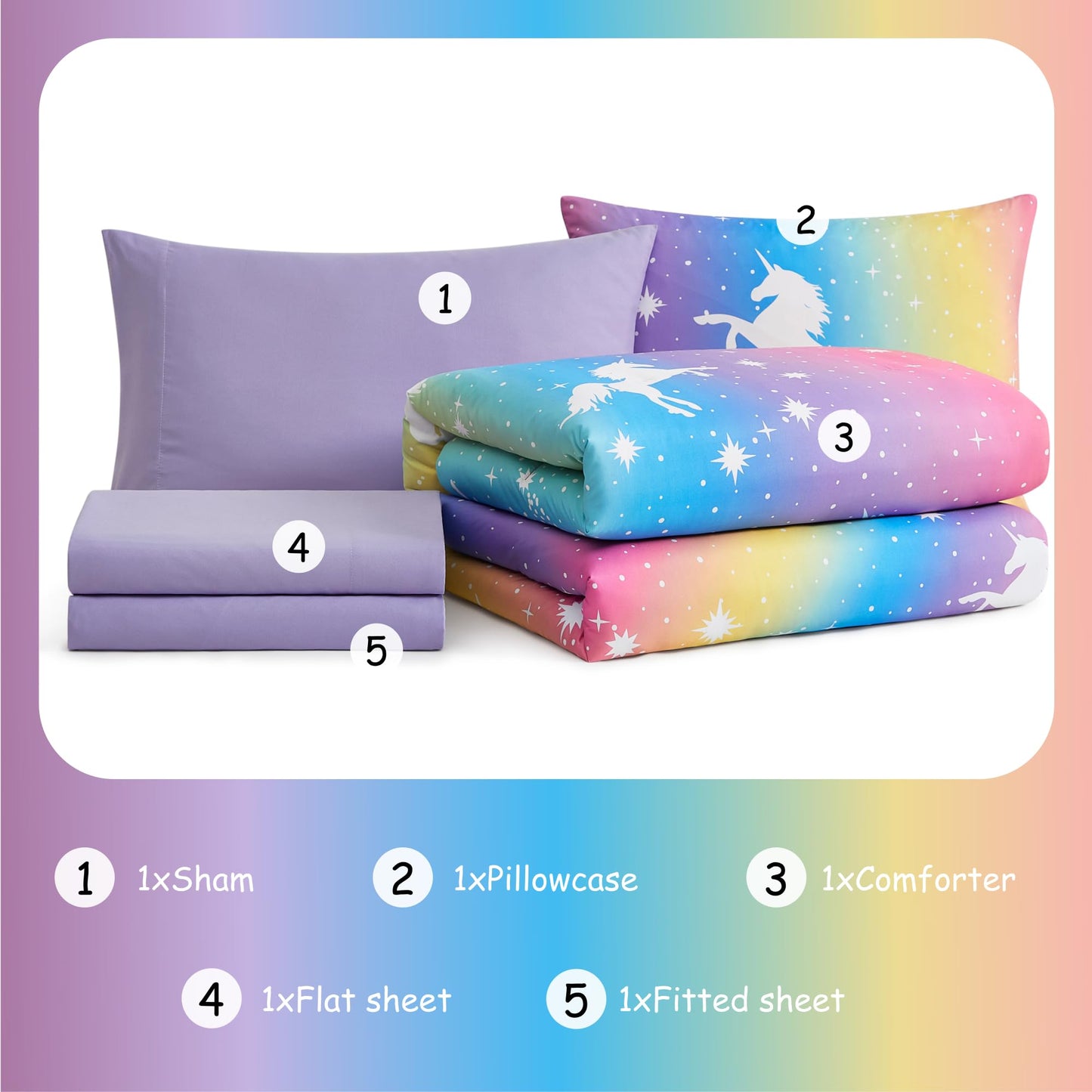 Kaleido Space Twin Comforter Set for Girls, Kids - 5 Pieces Rainbow Unicorn Patterns Twin Bedding Sets for Girls Teen, Soft Cozy Bed in A Bag with Sheets
