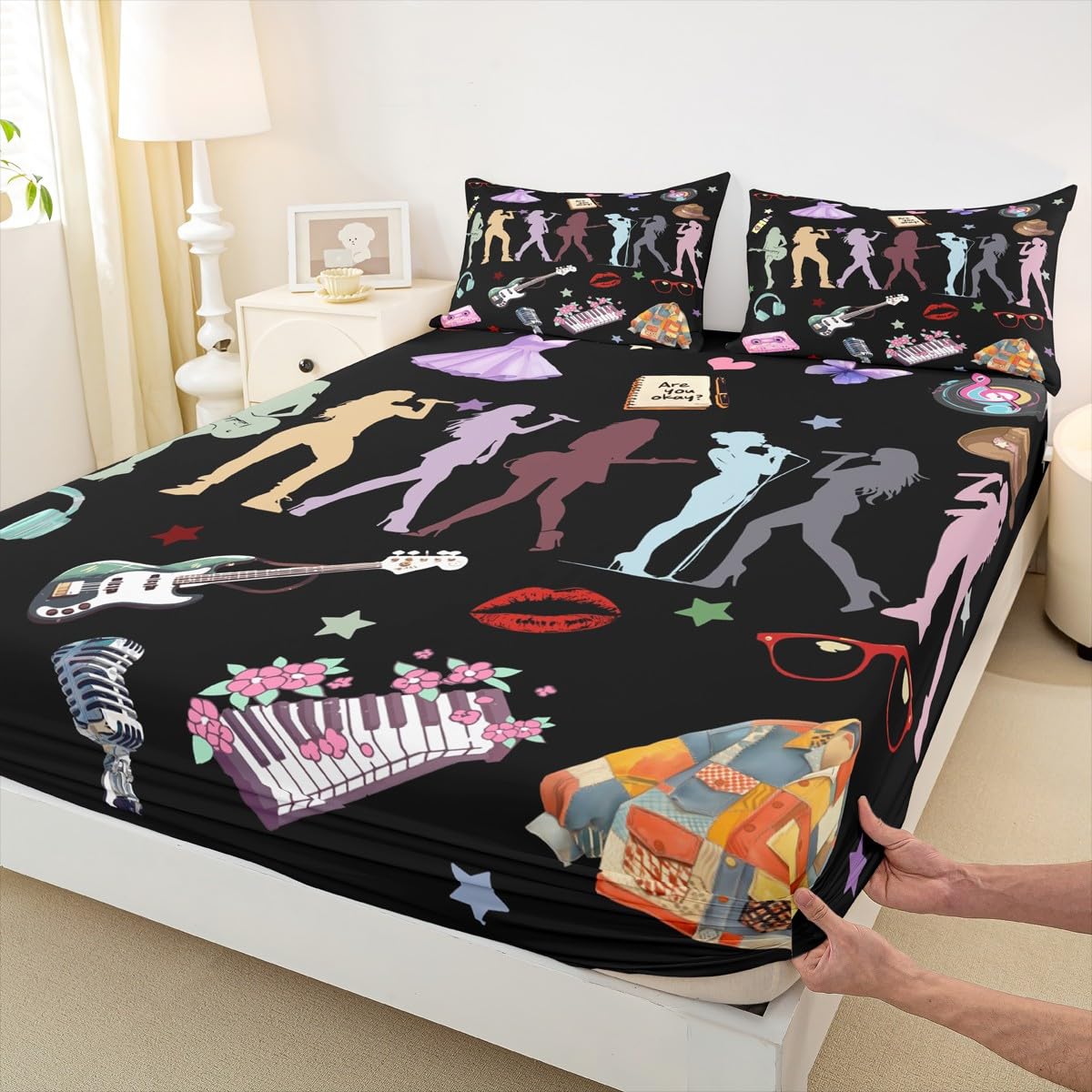 Erosebridal Music Theme Bed Sheets King Girls Singer Sheet Set for Kids Boys Girls Black Musicl Aesthetics Sheets Music Lovers Gifts Fitted Flat Sheets 4 Piece