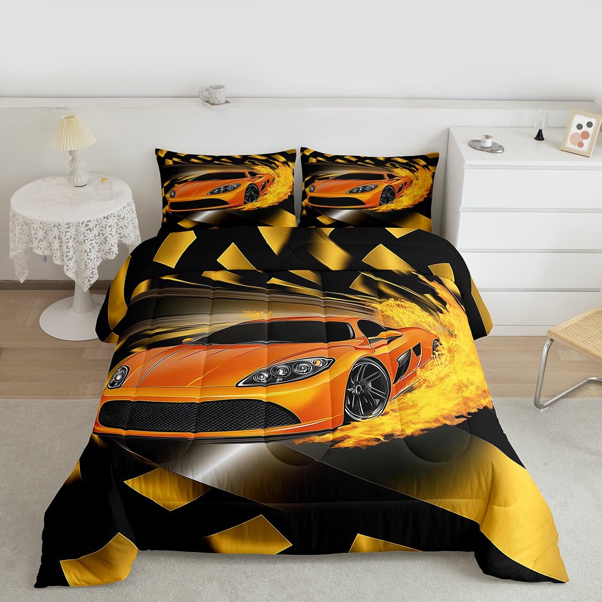 Erosebridal Boys Race Car Comforter Set, Cool Speed Sports Car Bedding Set Twin Size for Kids Teens Adult Men, Extreme Sport Quilted Duvet Automobile Checkered Duvet Sets for Bedroom