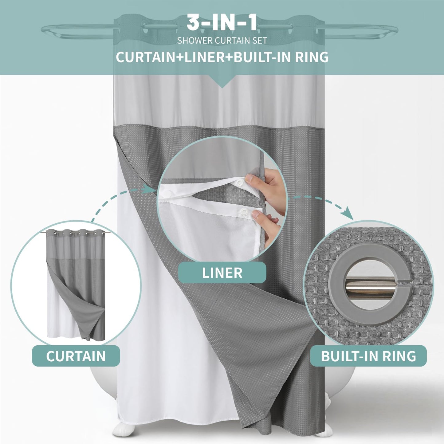 eachope Grey No Hook Waffle Weave Shower Curtain with snap-in Liner Replacement, 230GSM Waterproof Fabric Hotel Shower Curtain Set for Bathroom, Through Mesh Top Window,60Wx74H