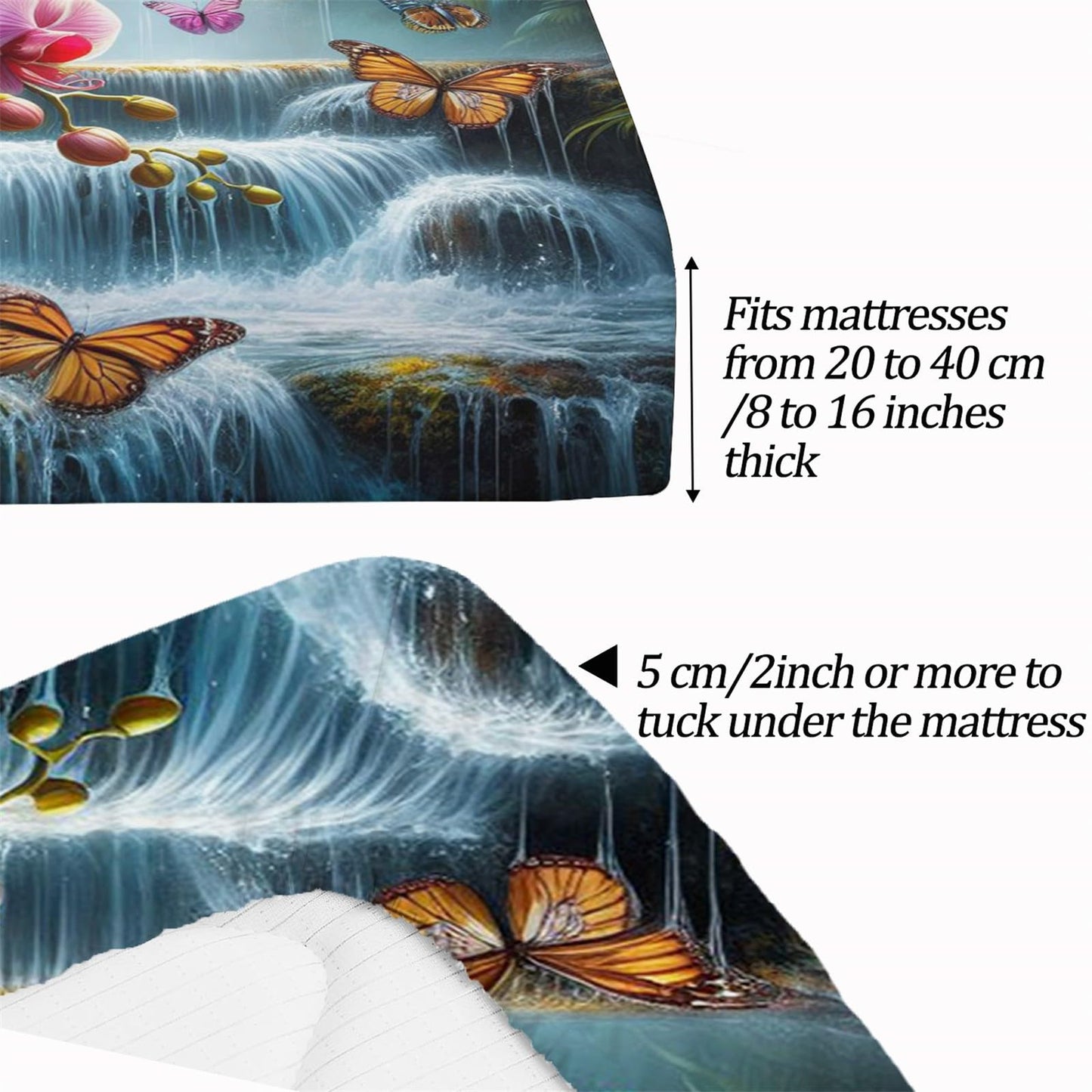 King Sheet Set, Waterfall Flower Butterfly Green 4 Pieces Cooling Bedding Sheets & Pillowcases, Breathable Brushed Microfiber, Extra Soft Bed Sheet Set with Deep Pocket