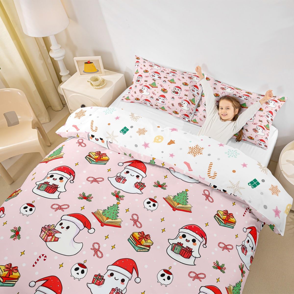 Christmas Ghost Duvet Cover Set Twin Size,Christmas Tree Bedding Sets 2Pcs for Kids Girls Boys Adult Room Decor,Red Xmas Candy Comforter Cover Cartoon Pink Quilt Cover,1 Pillowcase