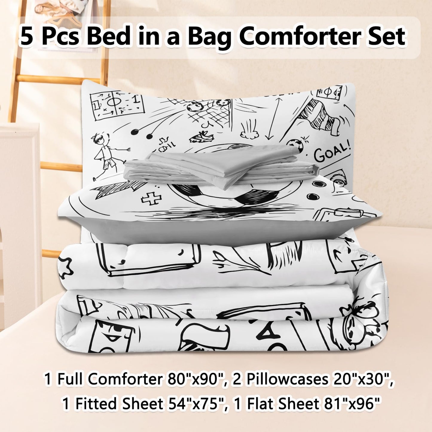HICAND 5 Pcs Soccer Full Bedding Set for Boys Teens, Full Size Sports Sketch Style Soccer Boys Comforter Set with Sheets