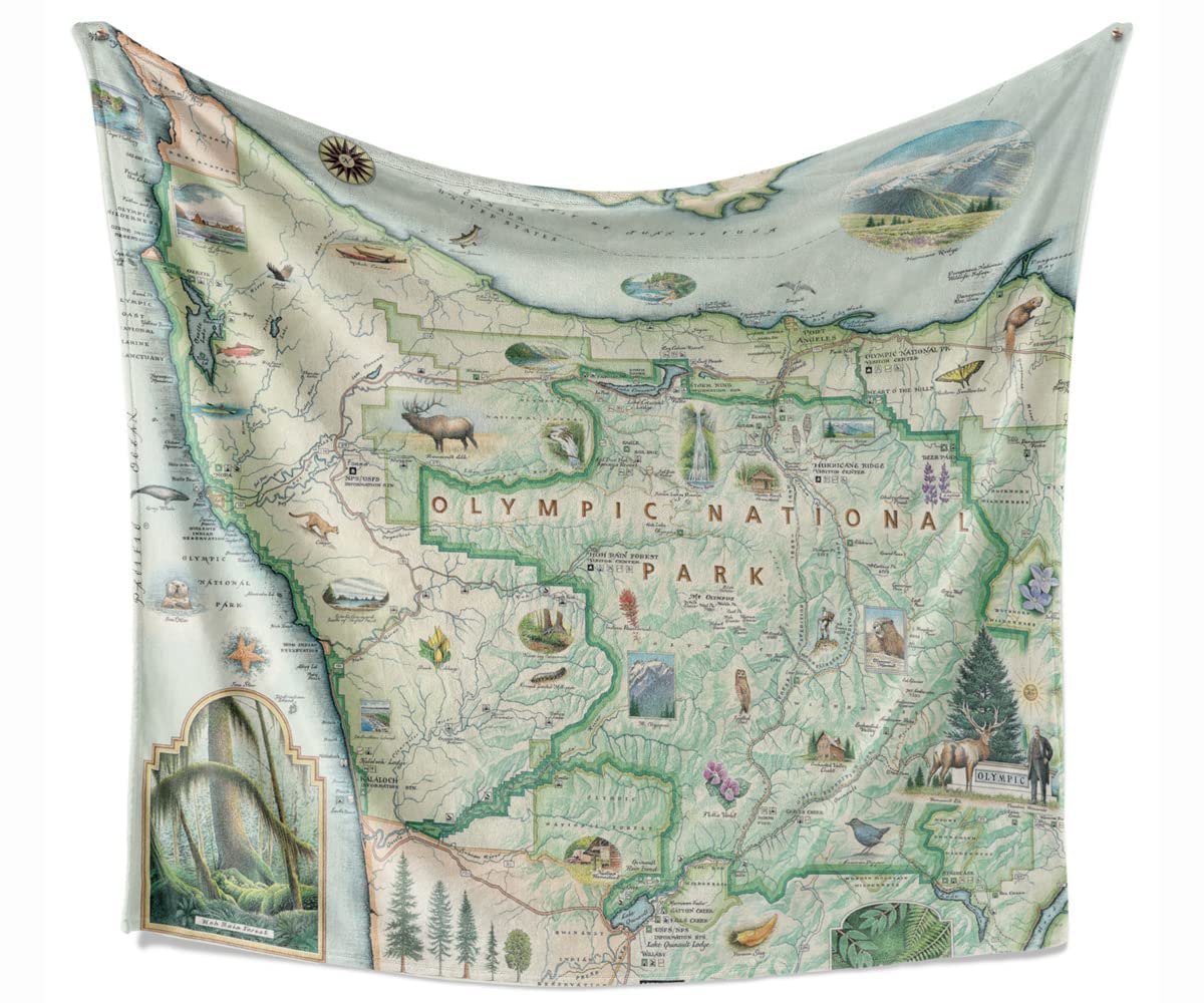 Xplorer Maps Olympic National Park Fleece Blanket | 58" x 50" Throw Blanket | Hand-Drawn Original Art |