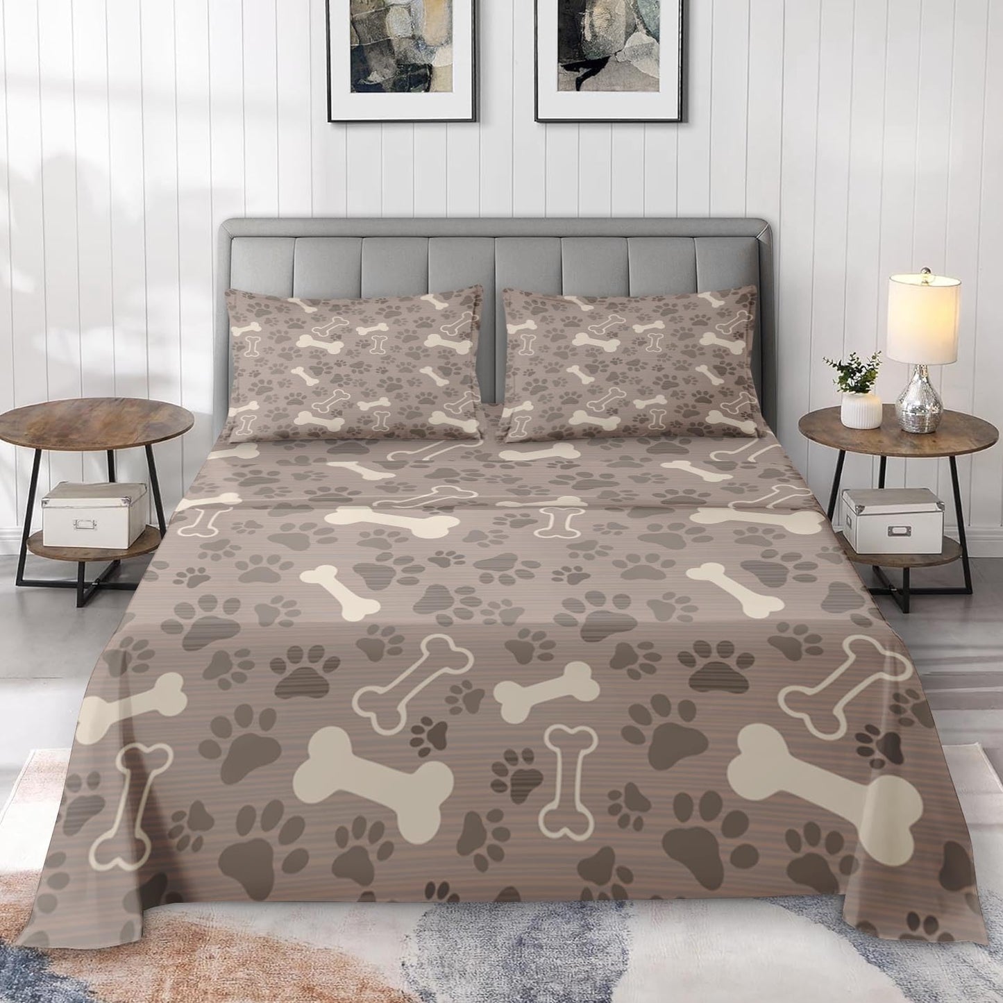 Pamnest Queen Size Bed Sheet Sets, Cute Dog Paw Animal Soft Microfiber 4 Pcs Bedding Sets for Kids and Adults Bedroom Bed Decor, Pet Puppy Bone Flat, Fitted Sheet and 2 Pillowcases