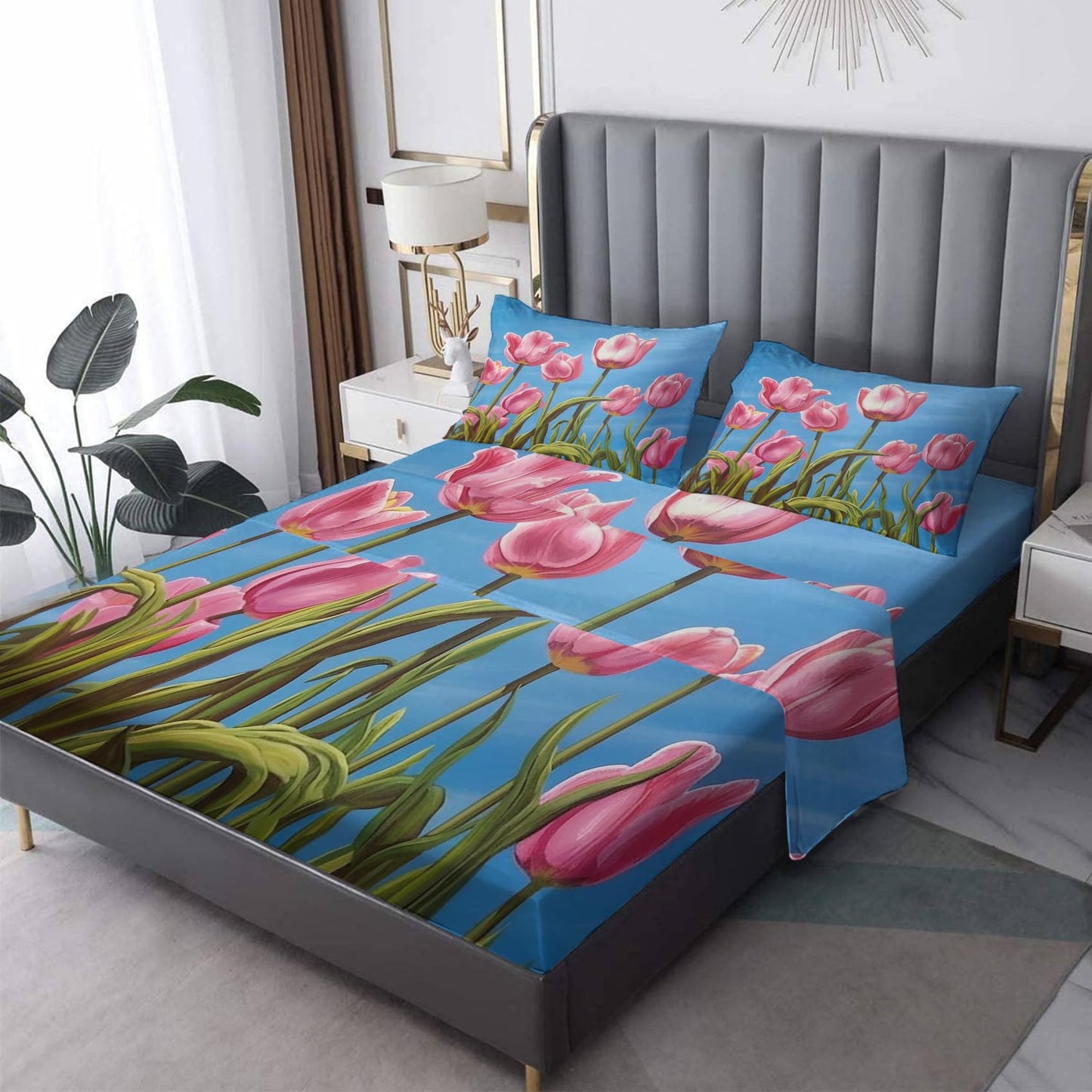 THYUNQ Tulip Flower Split King Sheets Sets for Adjustable Bed, Floral Pattern Sheet Set - 16 Inch Deep Pocket, Super Soft Microfiber Printed Bedding Sheets & Pillowcases 5 Piece