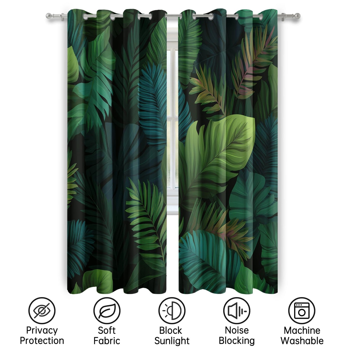 Mistwalk Green Monstera Leaf Curtains Blackout, 54 Inch Curtains for Bedroom & Living Room, Room Darkening Thermal Insulated Grommet Drapes, Tropical Rainforest Patterned Window Treatments