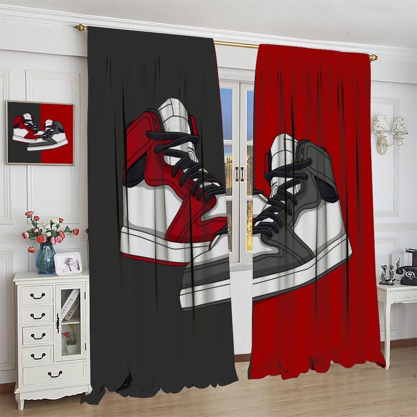 Mchenxin Shoes Boys Curtains, Cool Red Grey Sports Sneaker Footwear Retro Basketball Shoes Print Window Curtains Drapes for Kids Teens Bedroom Living Room, 42x45in (No Blackout)