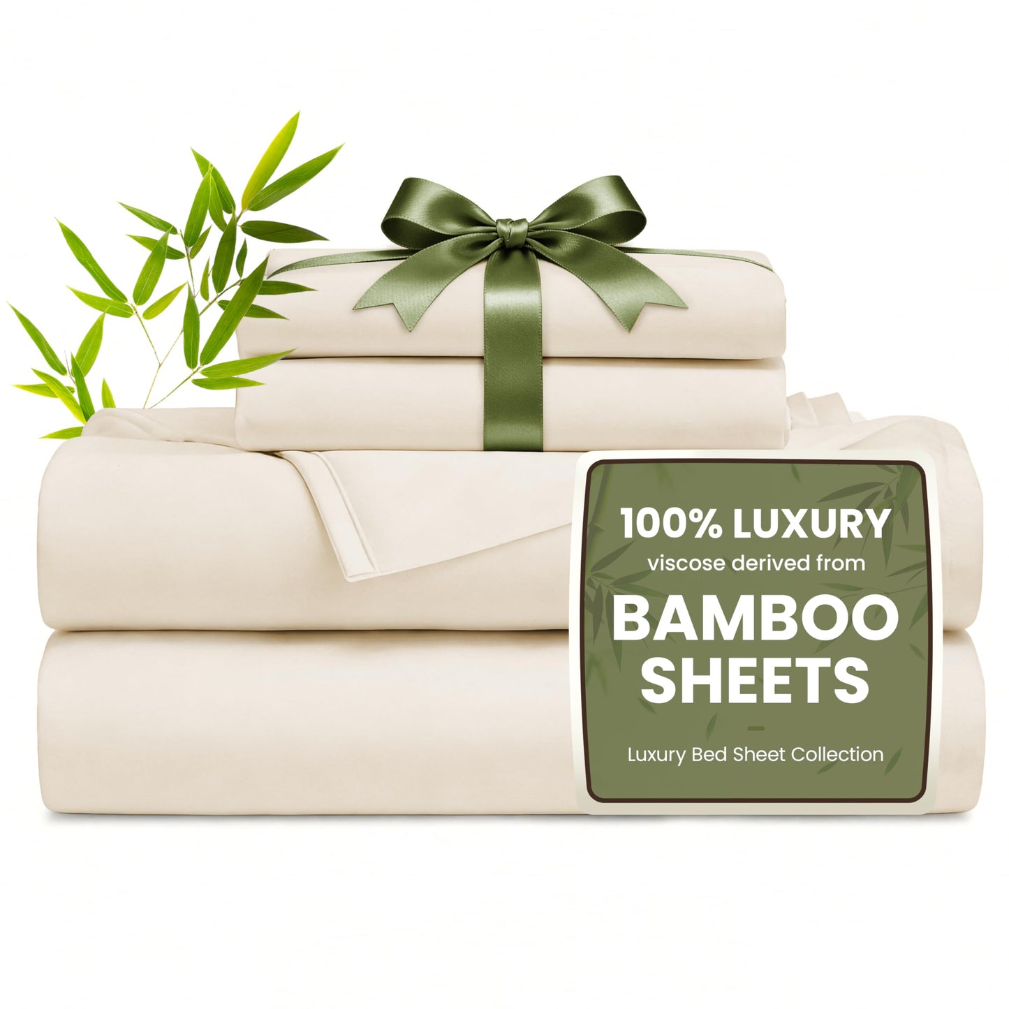 Love's cabin 4 Piece Queen Sheet Set, 100% Rayon Derived from Bamboo, Cooling & Breathable, Soft Silky Deep Pocket up to 16", Hotel Luxury Bedding for Hot Sleepers, Beige