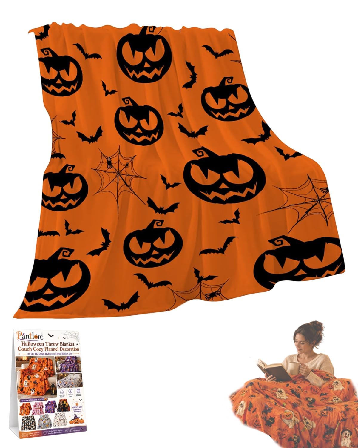 Halloween Throw Blanket Couch Cozy Flannel Decoration for Party Bed Soft Flannel Ghost Blanket Halloween Harvest Gifts Horror Ghost Bat Pumpkin(Model7,50x80in)