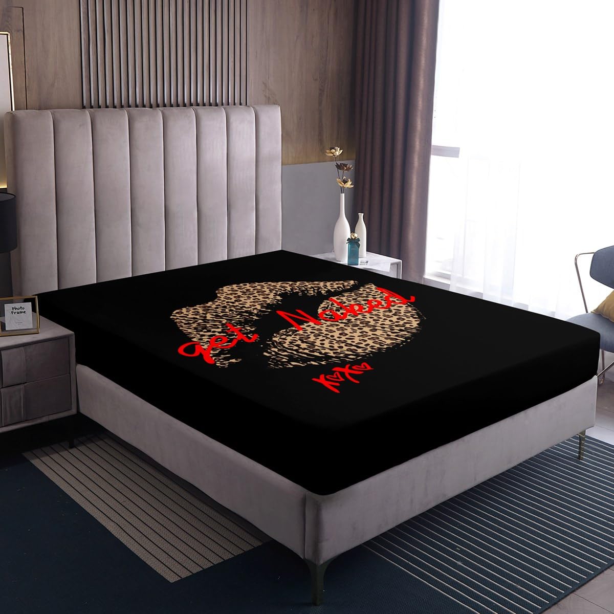 Get Naked Bed Sheet Set Sexy Leopard Print Lips Fitted Sheet & Pillow Sham Set Funny Quotes Kiss Bedding Set Charming Girls Lady Woman Bedroom Decor Black Red Brown Bed Cover No Flat Sheet Full Size