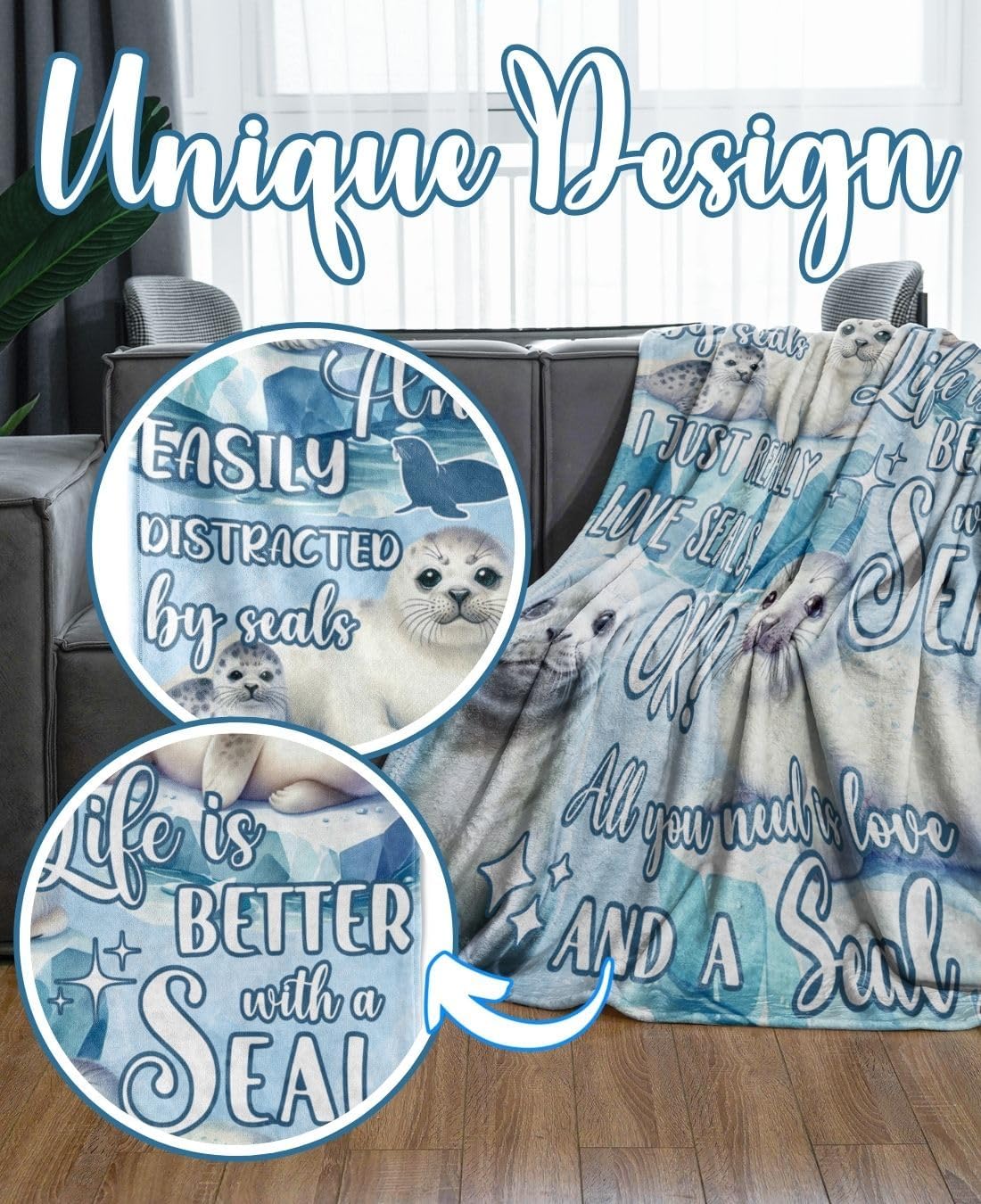 Huglanket Seal Gifts Blanket for Women, Men - Throw Blanket - Birthday Gifts for Seal Lovers - Watercolor - 50" x 65"