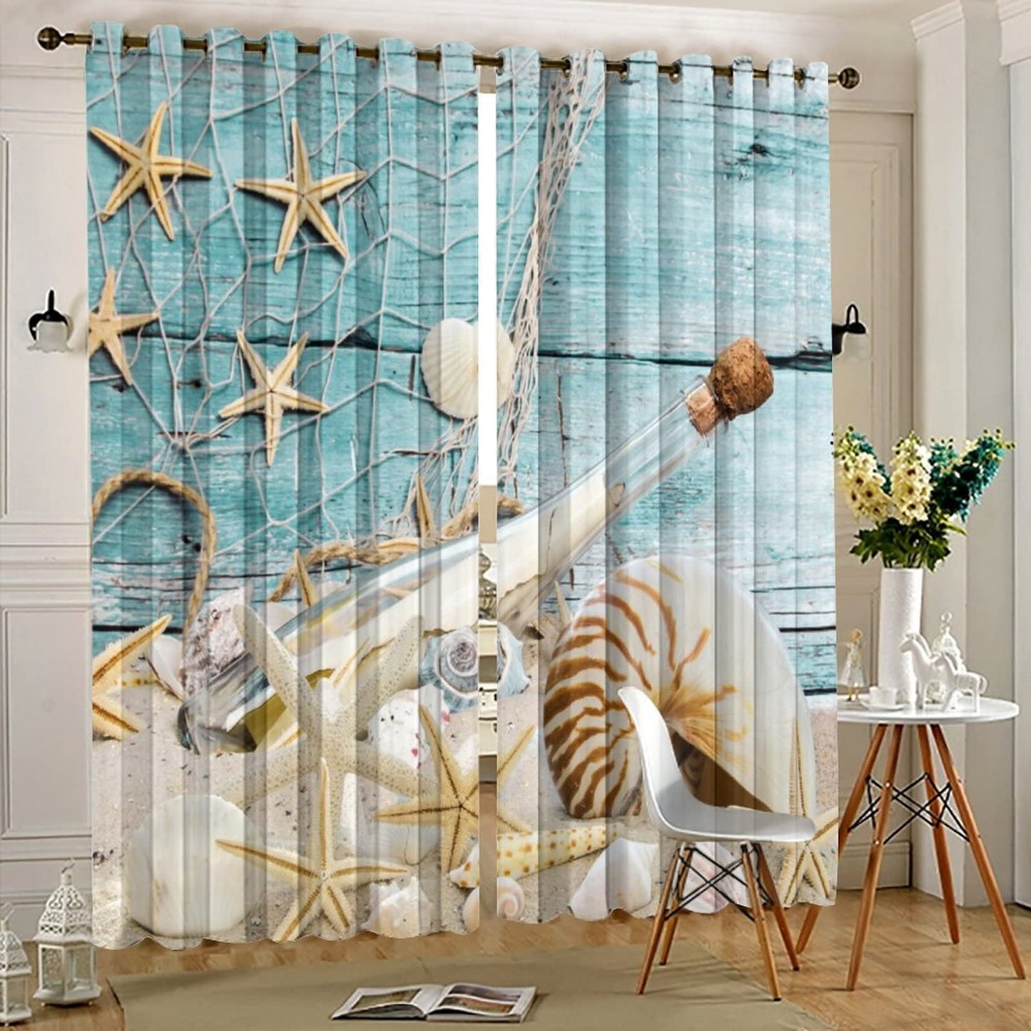 Kazynee Vintage Nautical Beach Theme Room Darkening Blackout Window Curtains with Grommets,Abstract Ocean Beach Fishing Net Starfish Theme Energy Efficient Window Treatment 2 Panels 45L x 21W