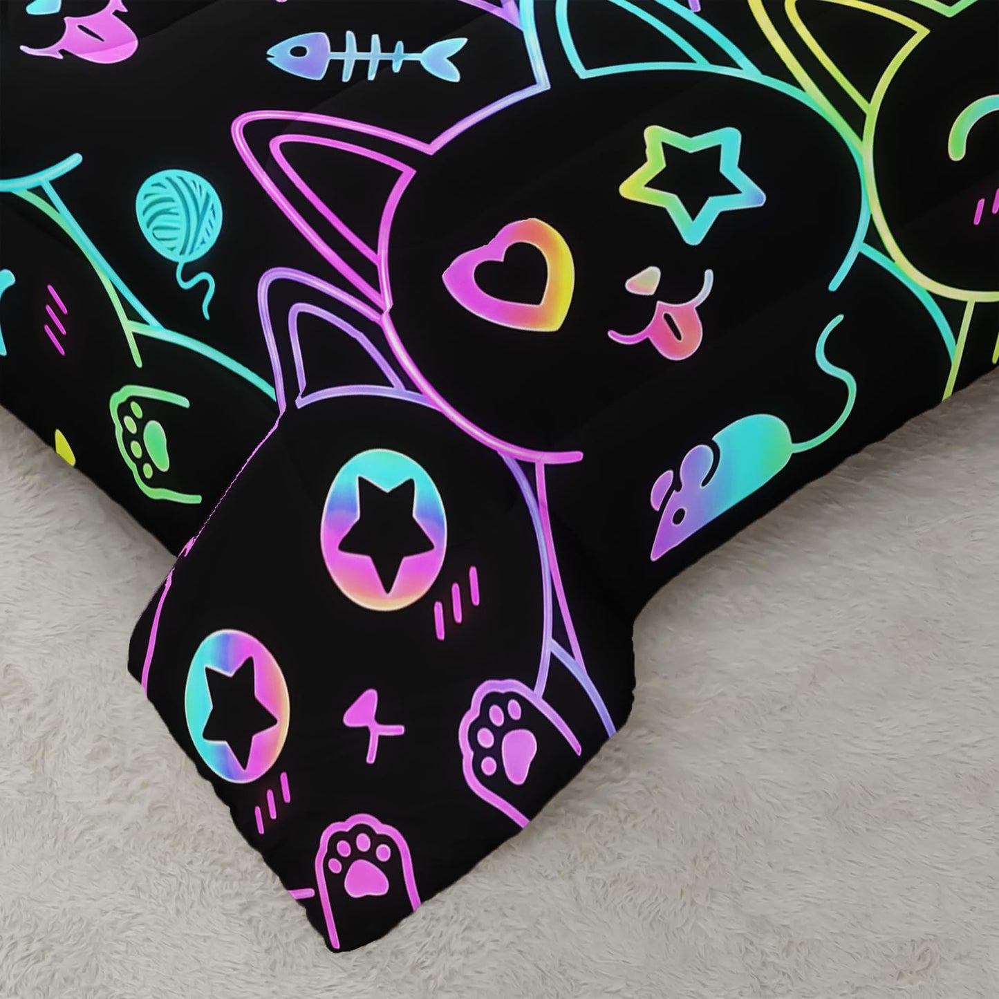 AILONEN Bright Outline Kitty Queen Comforter Set, Multicolor Animal Faces with Hearts and Paws, 3 Piece 1 Comforter + 2 Pillowcases, Trendy Theme