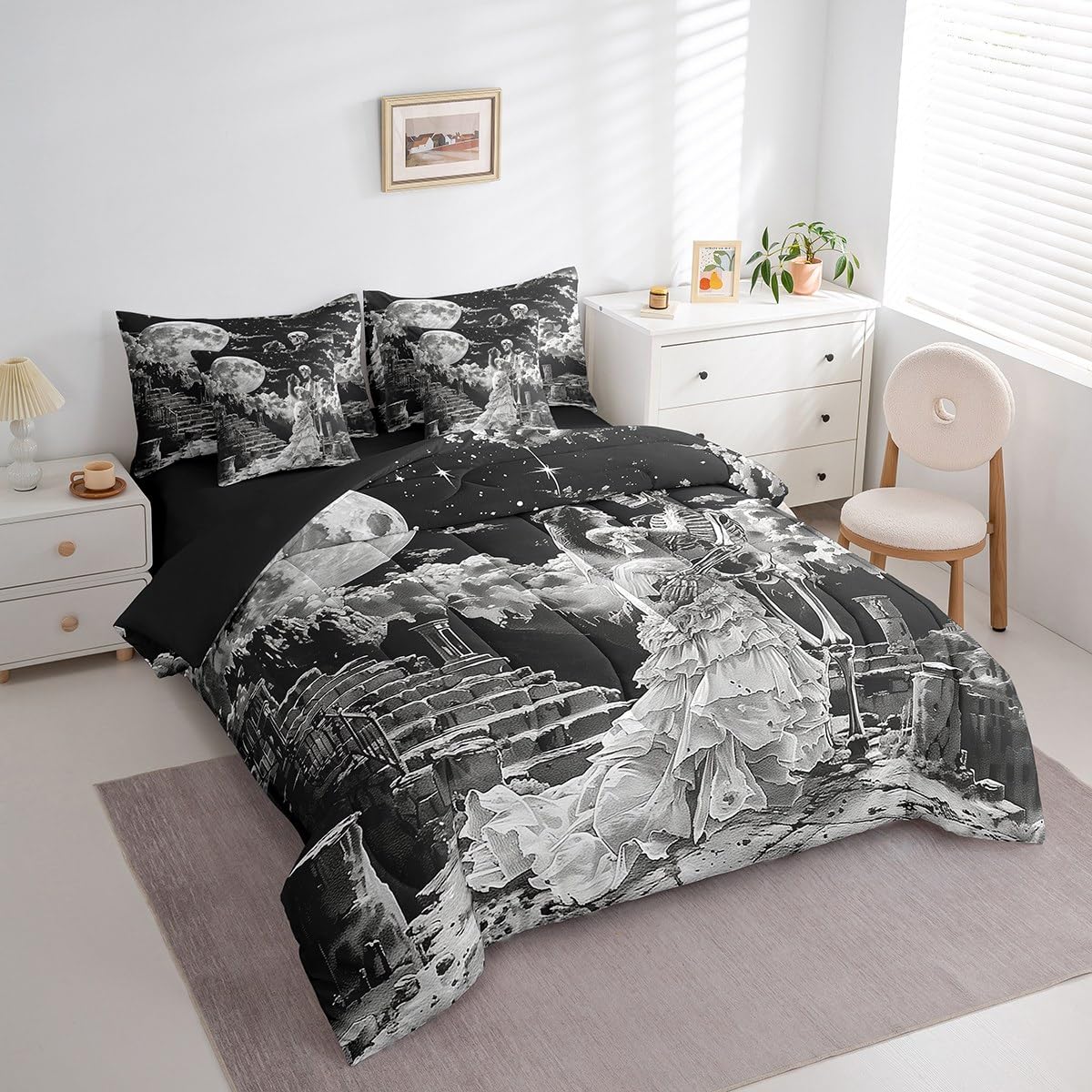 Erosebridal Sugar Skull Comforter Set King,Romantic Skeleton Couple Bedding Set 7Pcs,Glitter Starry Sky Stars Bed in a Bag,Trippy Skull Bones Quilt