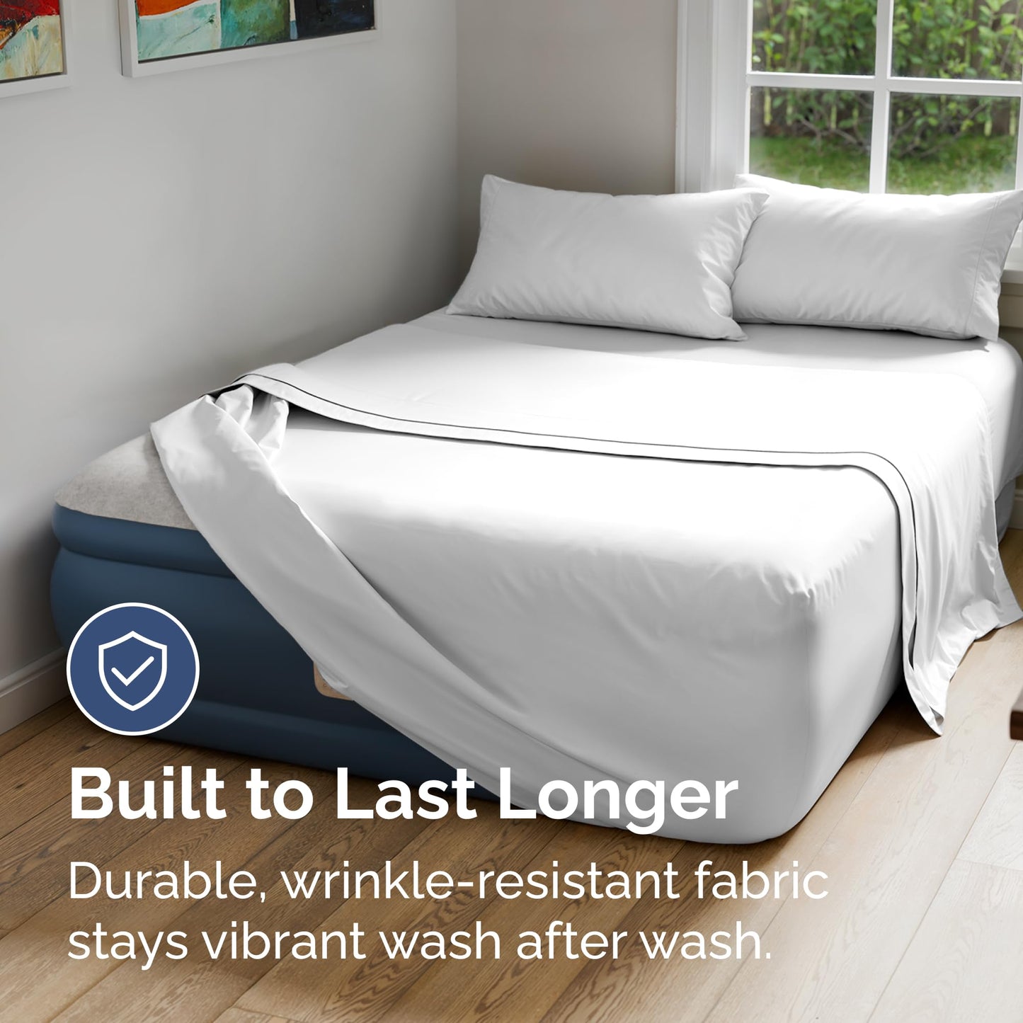 Air Mattress Sheet Set for Queen Size - 4 Piece Breathable & Cooling Sheets w/ Extra Deep Pockets - Fits Inflatable & Blow Up Air Mattresses Up to 24 Inches Thick - Ultra Soft & Wrinkle Free - White
