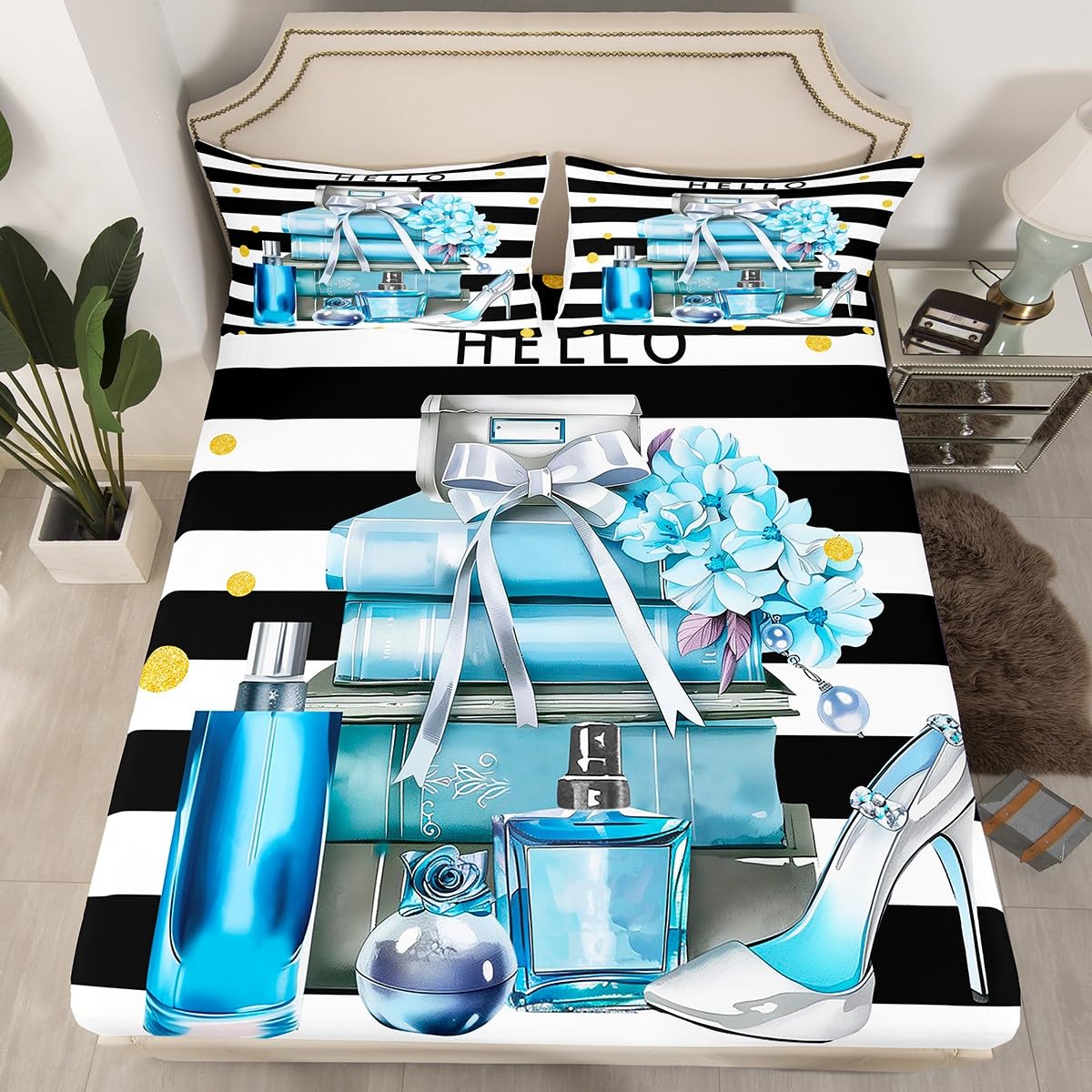 Erosebridal Black and Blue Bed Sheets King Size Fashion Black White Girly Sheet Set for Girl Women Modern Flower Floral Perfume Striped Bedding Set High Heels Magazine Books Sheets