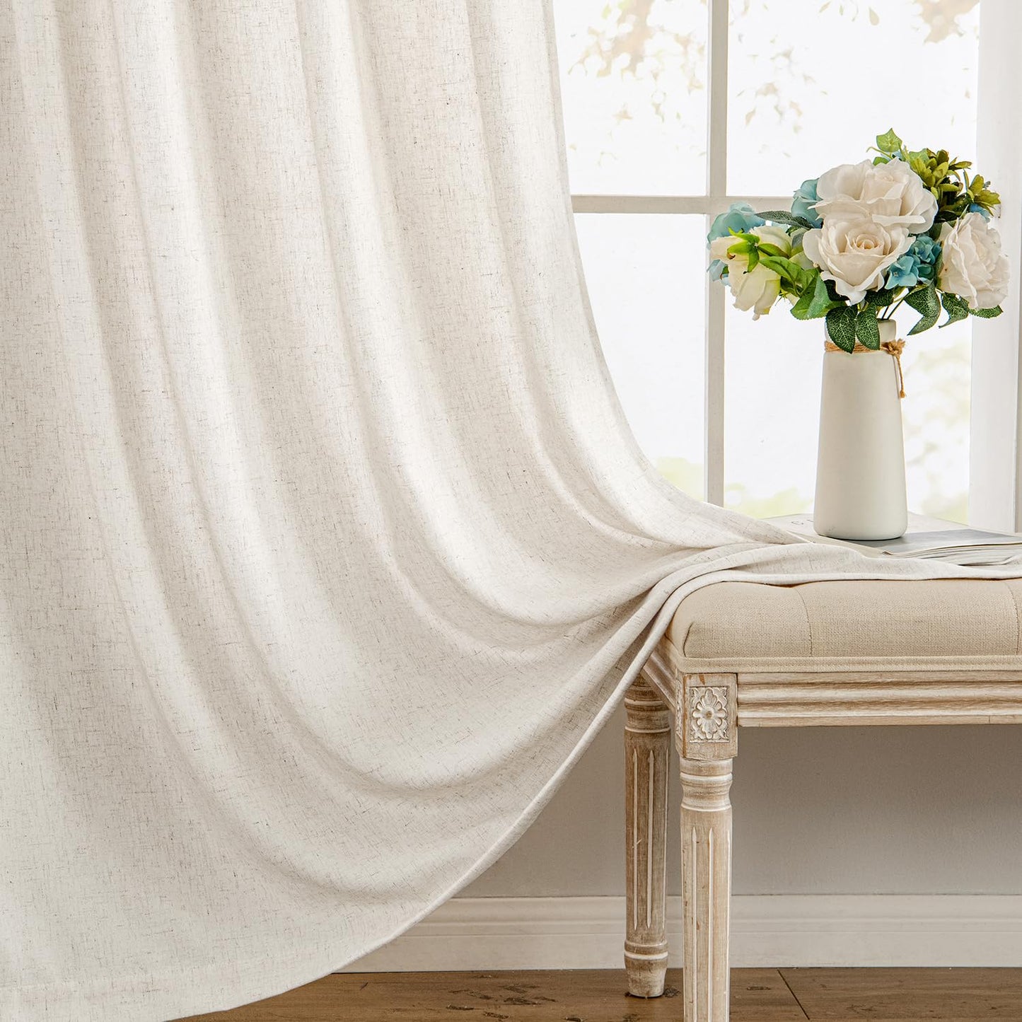 MIULEE Non-See-Through Privacy Linen Curtains 2 Panels, Light Filtering Window Curtains Farmhouse Textured Back Tab Semi Sheer Drapes for Bedroom Living Room, 52 x 84 Inches Long, Natural White