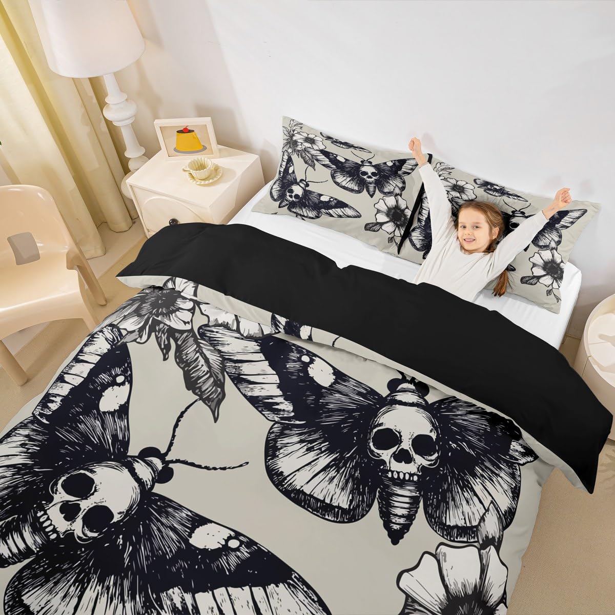 Skull Comforter Cover Set King Size Moth Printed Gothic Style Duvet Cover For Teen Boys Kids Sugar Skull Pattern Botanical Floral Decor Gray White Black Soft Microfiber Bedding Set With Zipper Ties