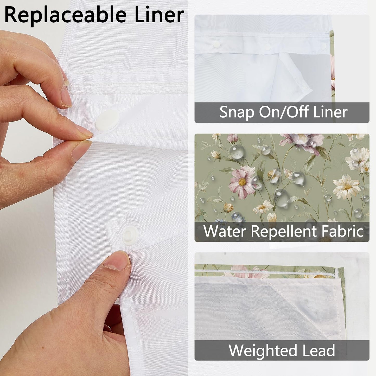 Xiazhilaio No Hook Floral Shower Curtain with Snap in Liner