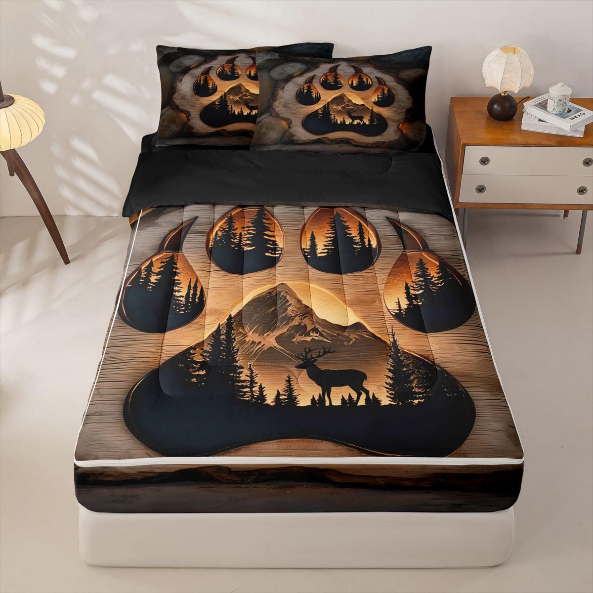 Feelyou Bear Comforter Set Twin Size Zipper Bedding Set for Girls Boys Rustic Cabin Country Comforter with Fitted Sheet, Pillowcases Wild Animal Zipper Bedding Soft Breathable Bed in a Bag
