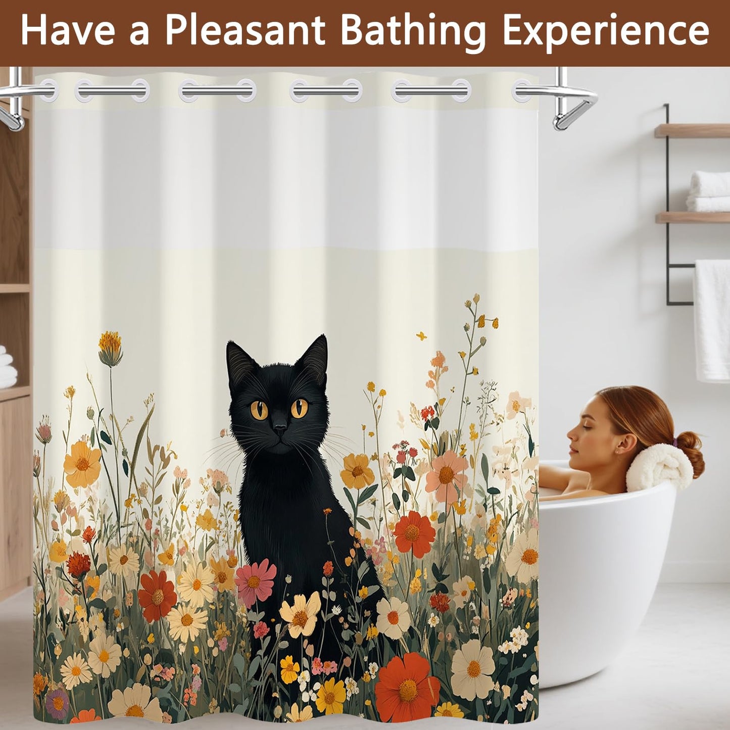 No Hook Shower Curtain with Snap in Liner, Funny Black Cat Floral Wildflower Spring Bathroom Curtains, Hotel Waterproof Fabric Shower Curtain with See Through Top Window, Weighted Hem, 71x74 Inch