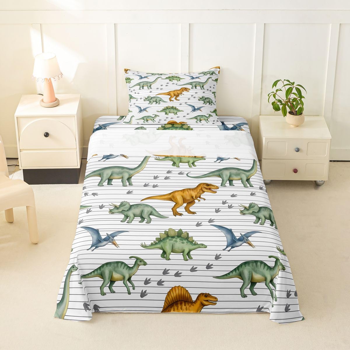 Feelyou Dinosaur Bed Sheets Set Twin Size 3D Digital Print Bed Set for Kids Boys Girls Jungle Dino Deep Pocket Fitted Sheet Wild Animal Breathable Soft Lightweight Microfiber Orange and Green