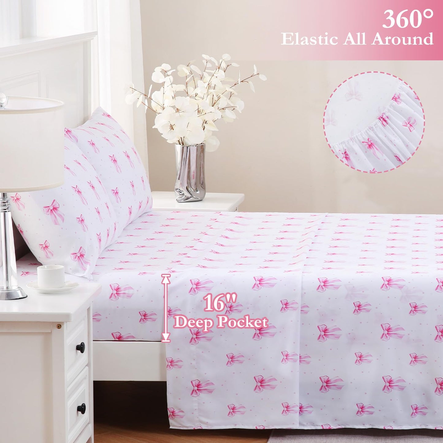 MICORAL Boho Floral Queen Sheet Set, 4-Piece Printed Botanical Bed Sheets, 16" Deep Pocket, Ultra Soft & Cooling Sheet, Oeko-TEX Certified, Pink Bow