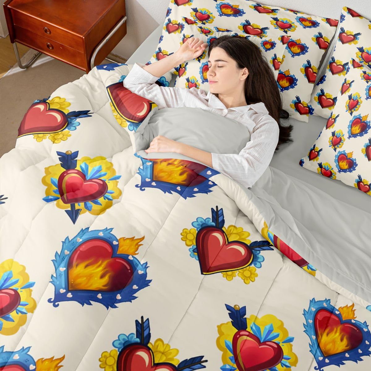Erosebridal Heart Pattern Queen Comforter Set Red and Blue 7 Pieces Bedding Fire Flame Print Bed Set with Sheets Floral Bed in A Bag Bedroom Decor