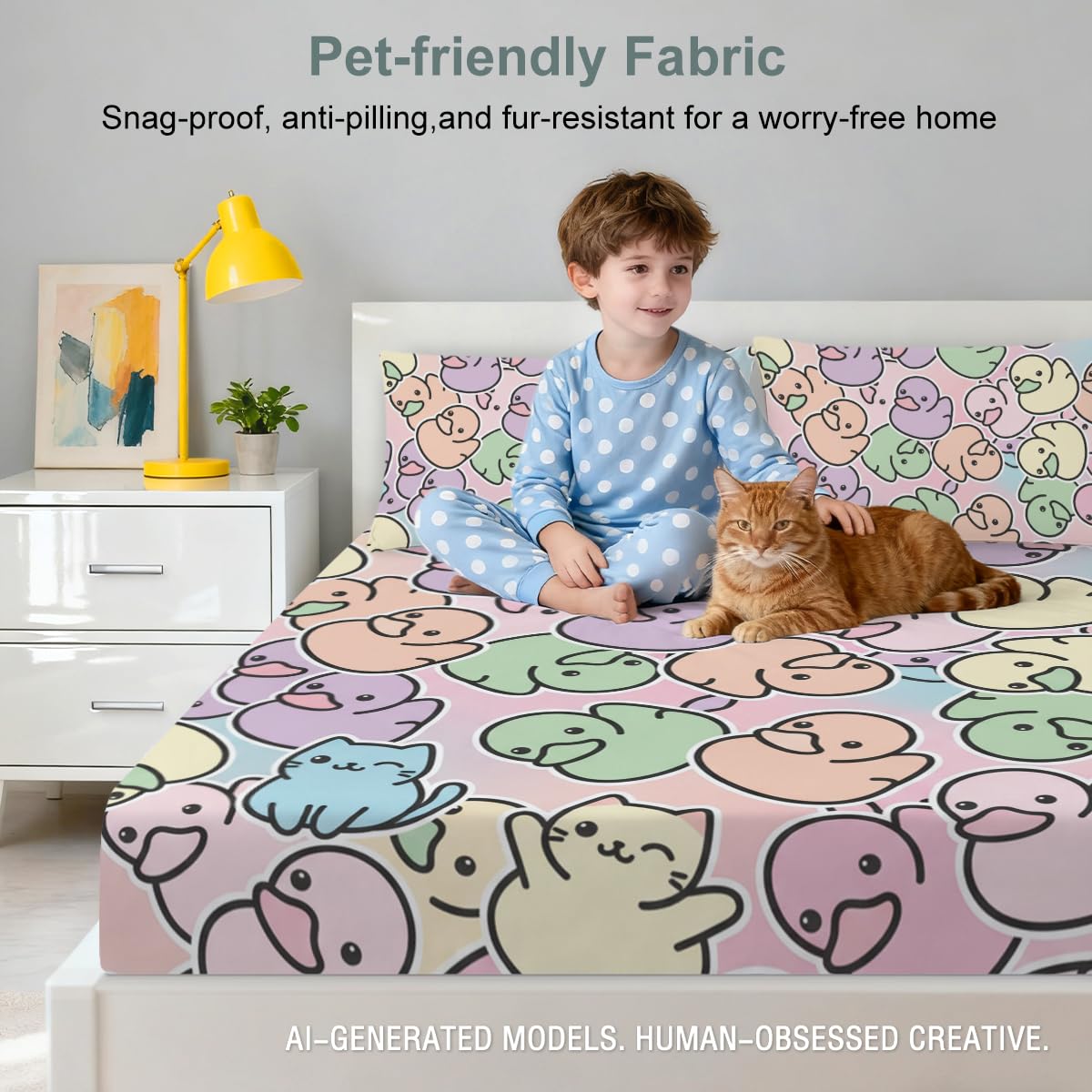 ARIGHTEX Pastel Duck Fitted Sheet Set Twin Size, 3 Pieces Cute Kawaii Animal Bedding with Cat & Duck Pattern, Soft Microfiber Bed Sheets for Girls Aesthetic Room Decor Gift